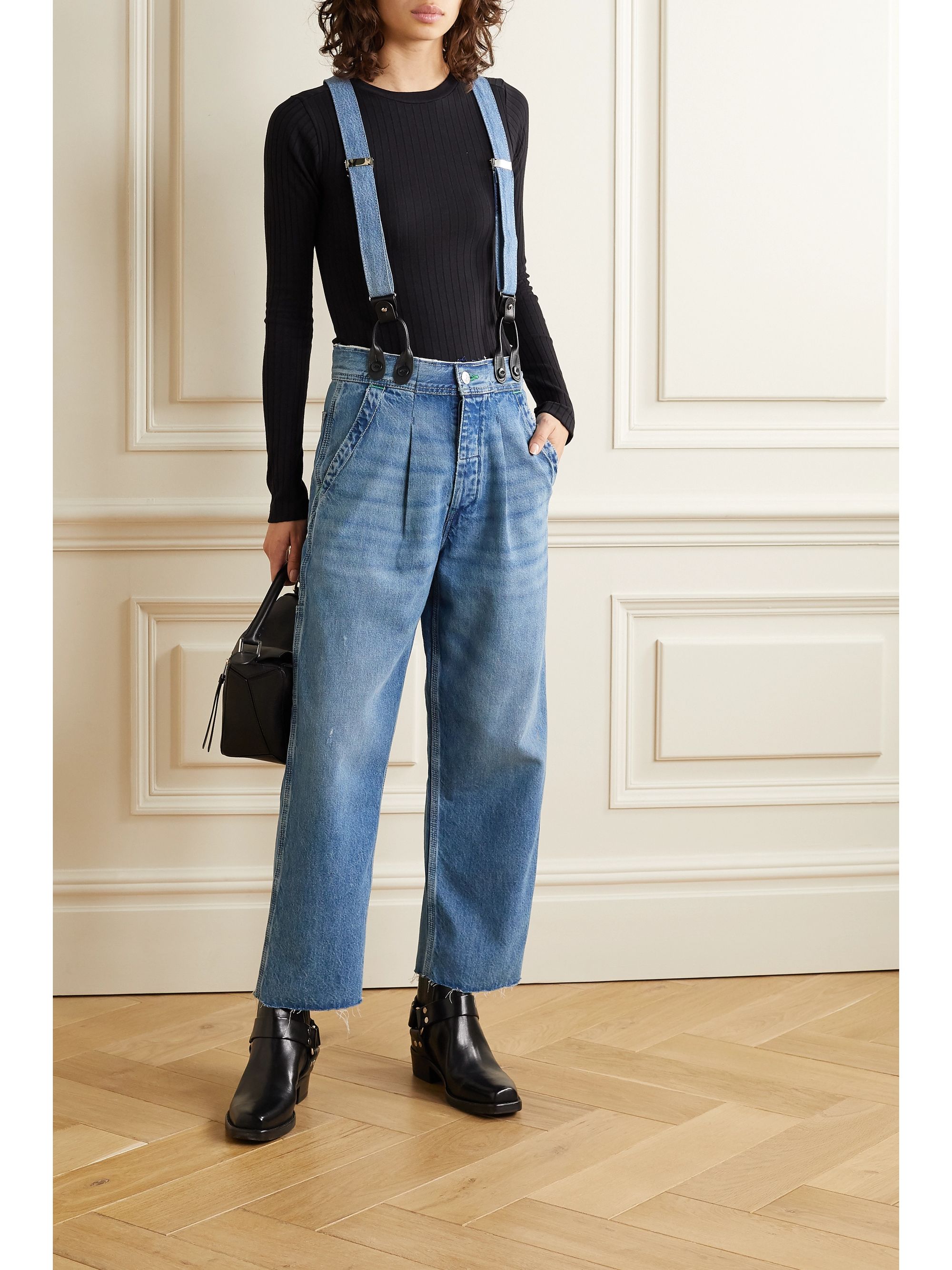wide leg jeans with suspenders