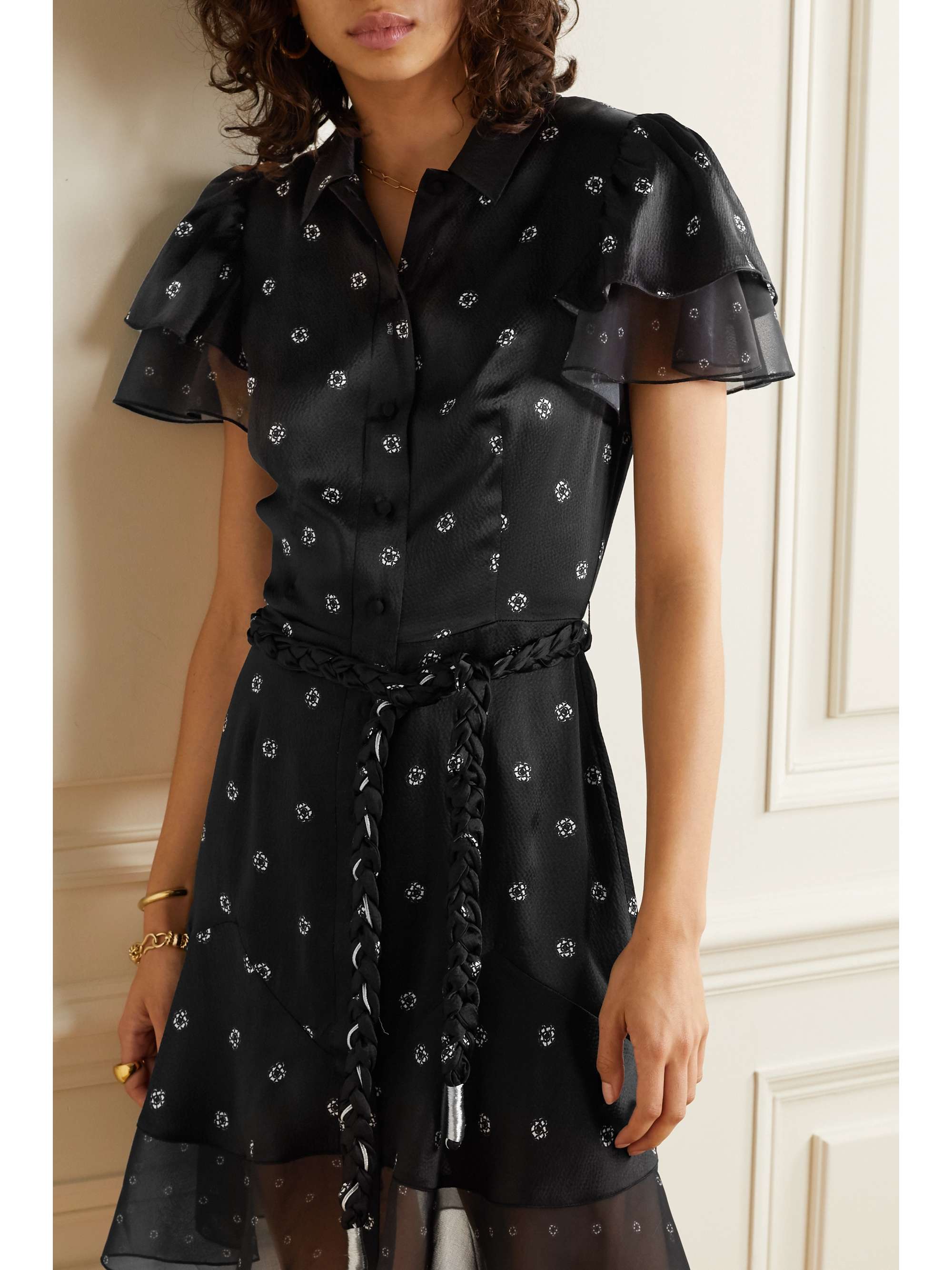 DYVNA Floral-print chiffon-trimmed hammered silk-satin dress