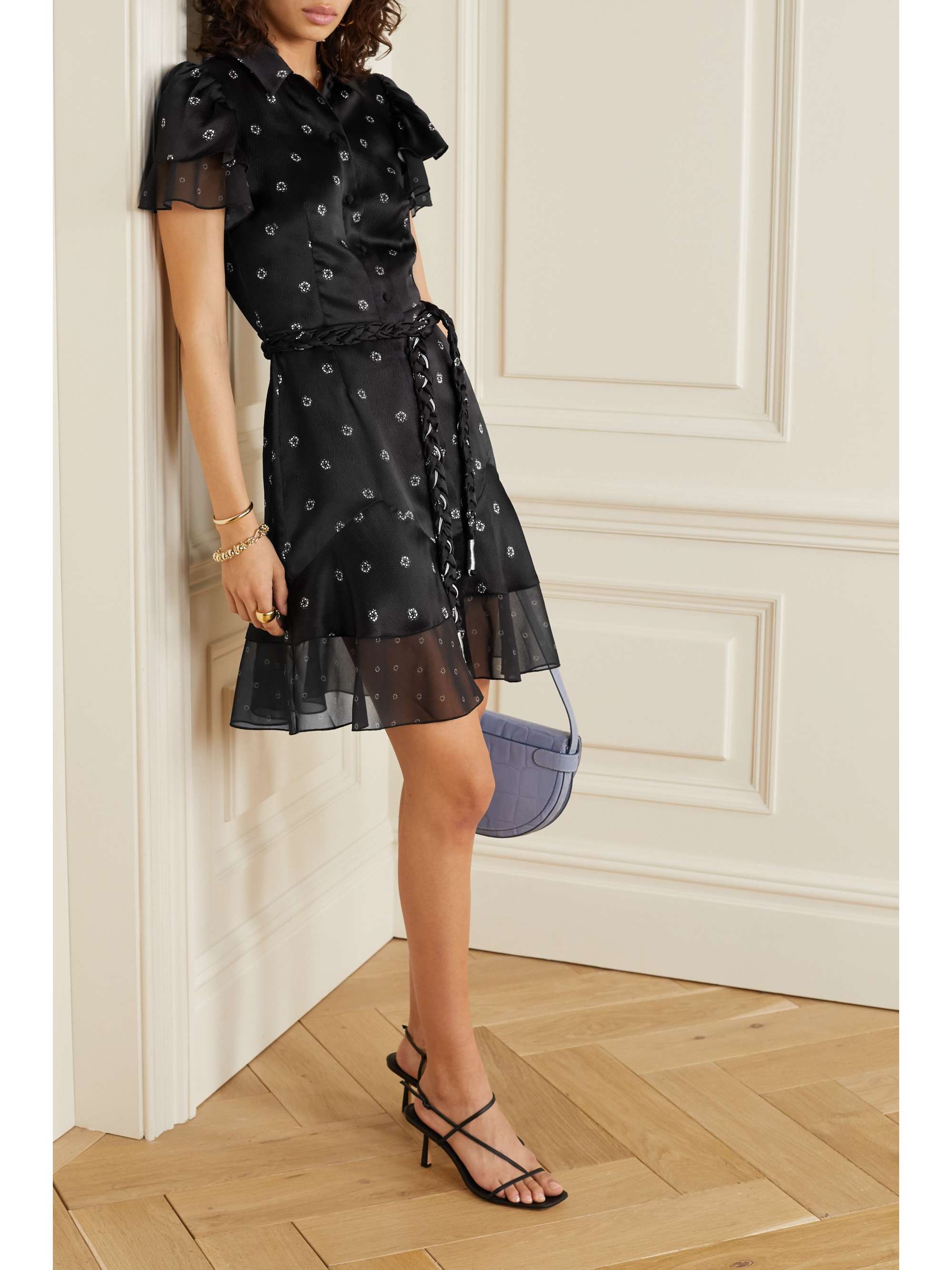 DYVNA Floral-print chiffon-trimmed hammered silk-satin dress