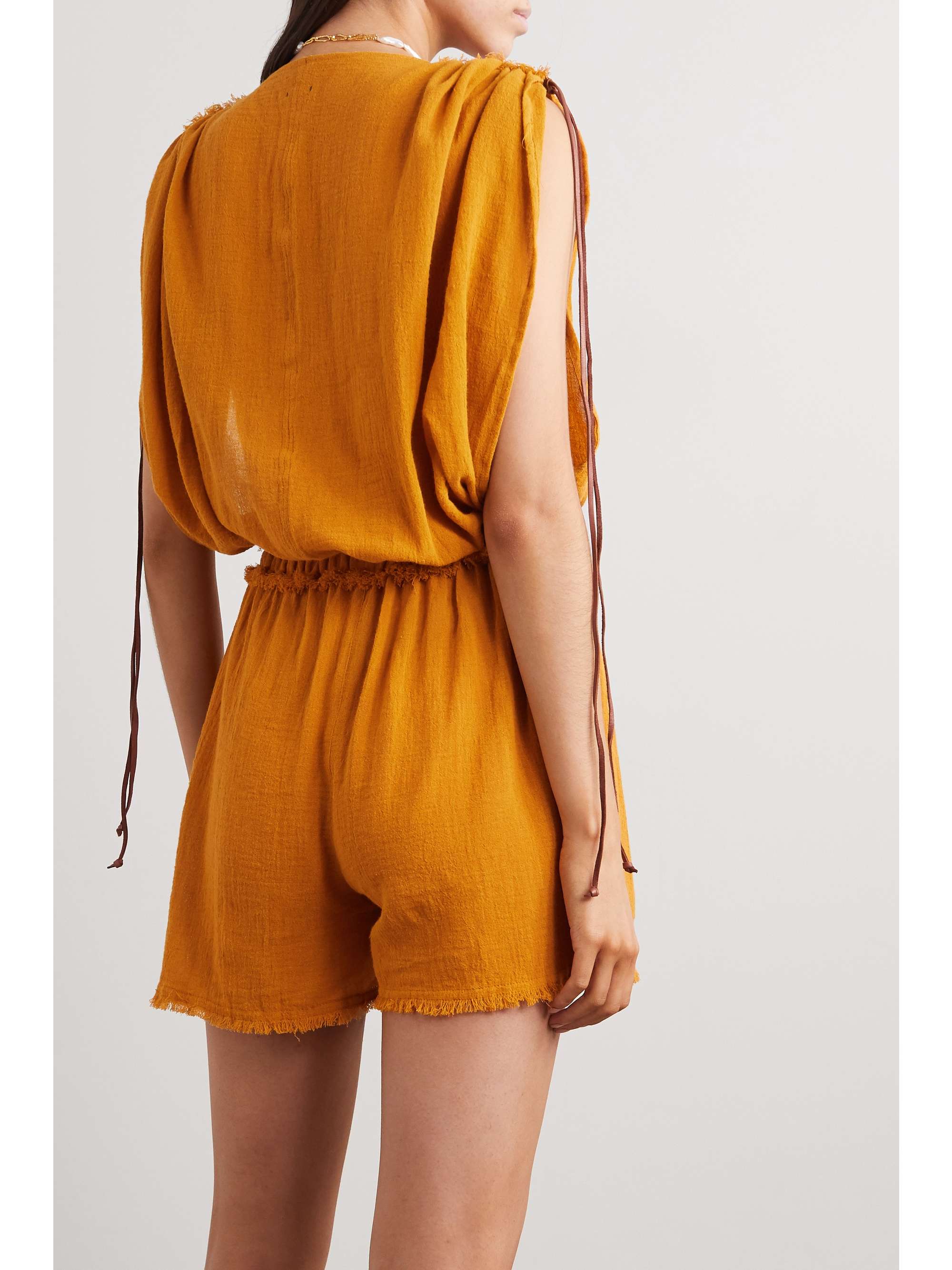 CARAVANA + NET SUSTAIN Kaayche leather-trimmed frayed cotton-gauze playsuit