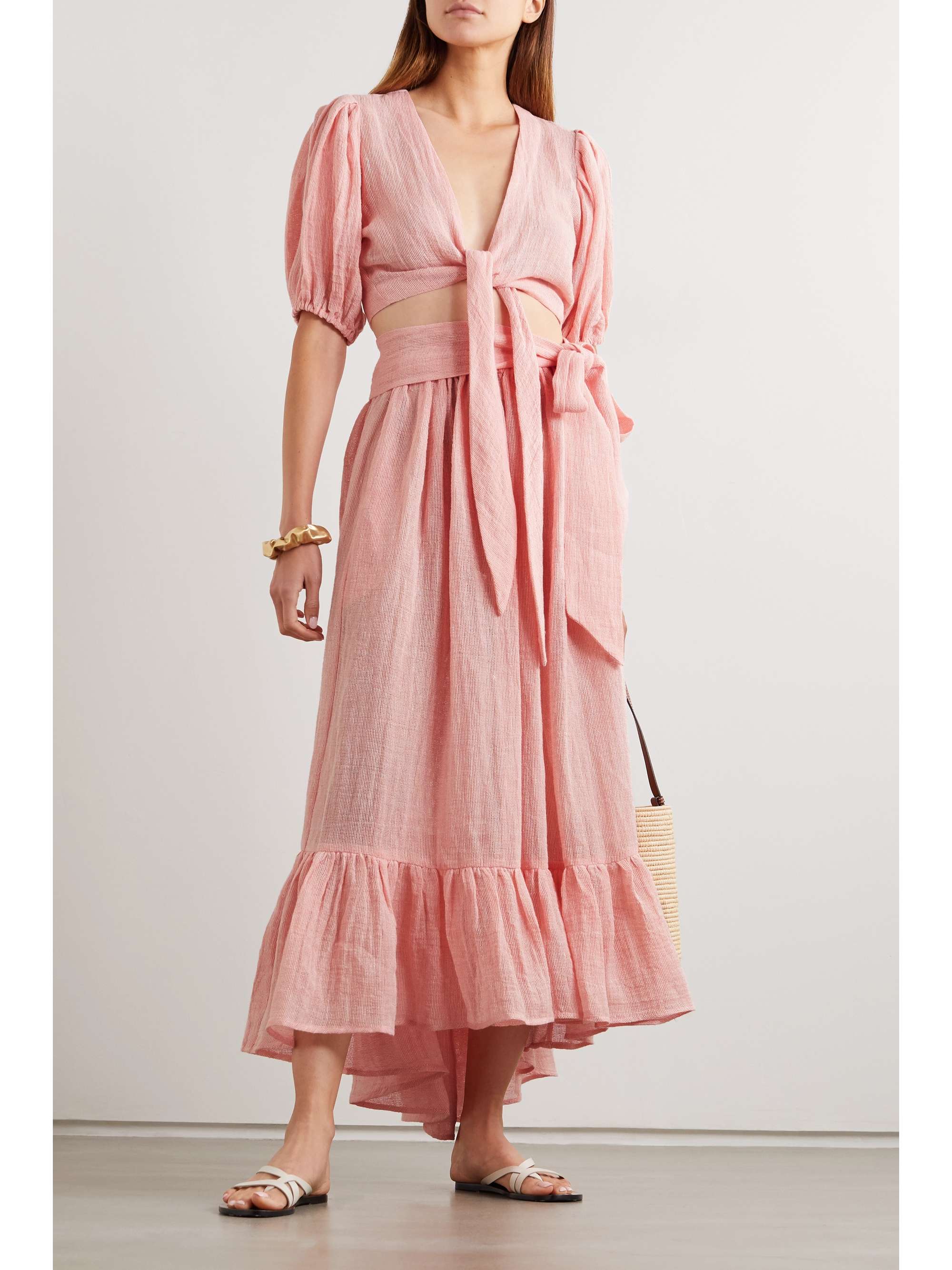 LISA MARIE FERNANDEZ Nicole belted ruffled linen-blend gauze midi skirt