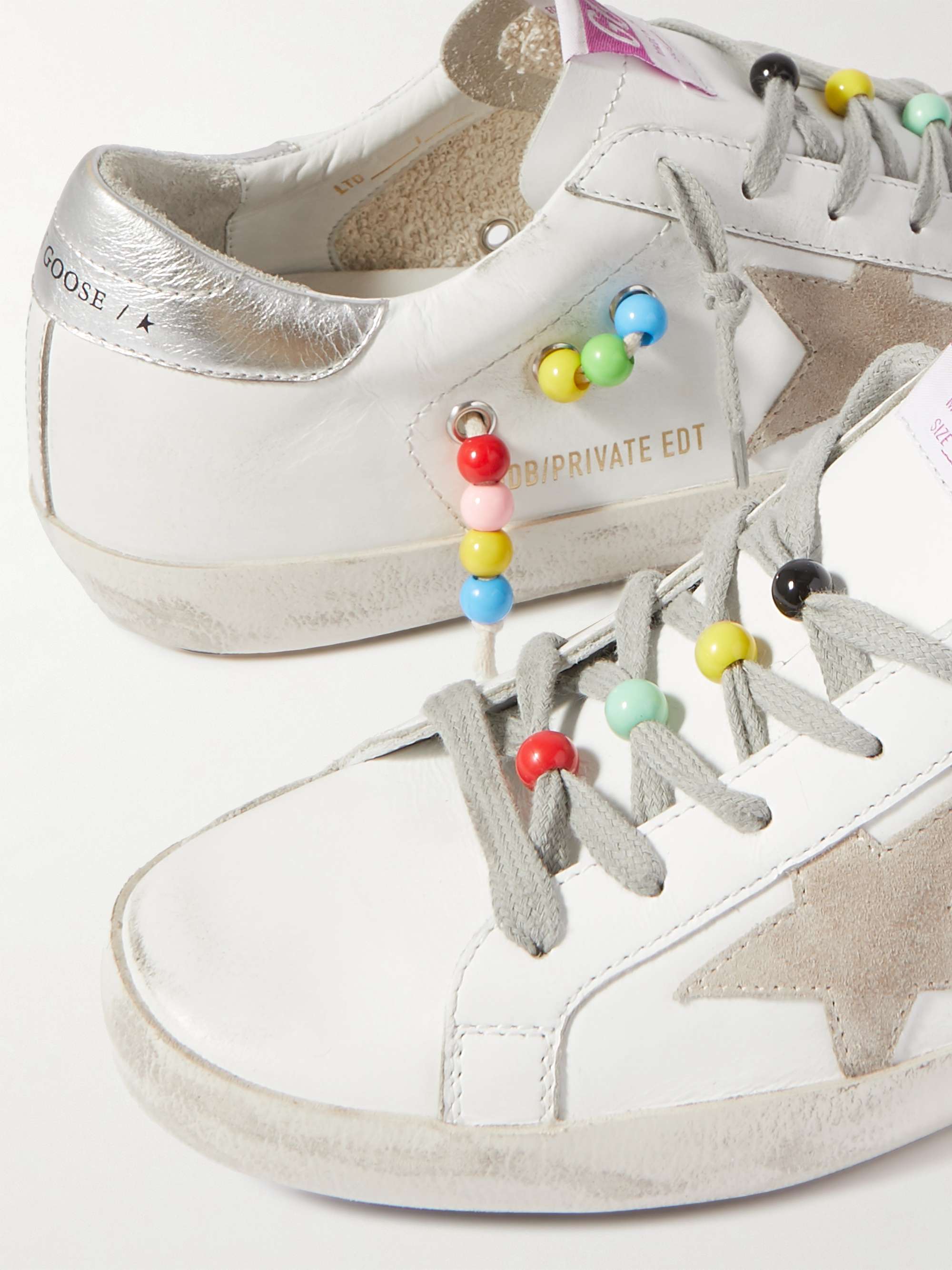 GOLDEN GOOSE Superstar bead-embellished distressed leather and suede sneakers