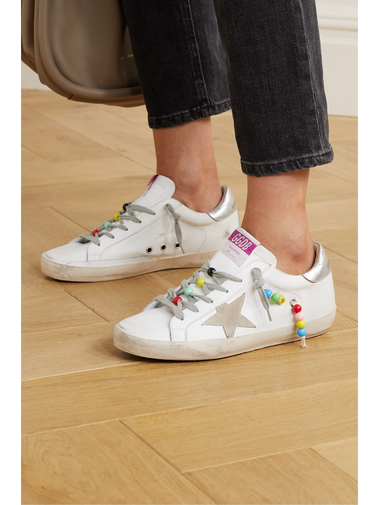 Shop Golden Goose Superstar Bead-embellished Distressed Leather And Suede Sneakers In White