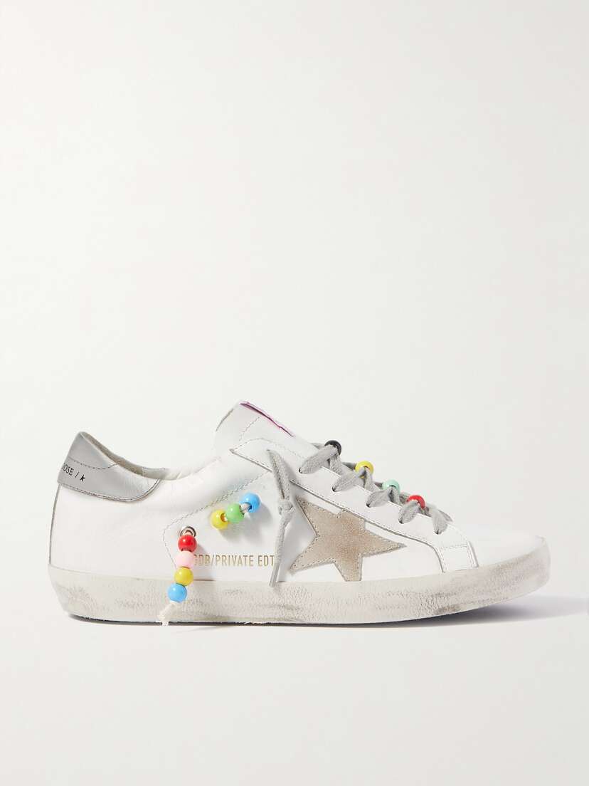 Golden Goose Superstar Bead-embellished Distressed Leather And Suede Sneakers