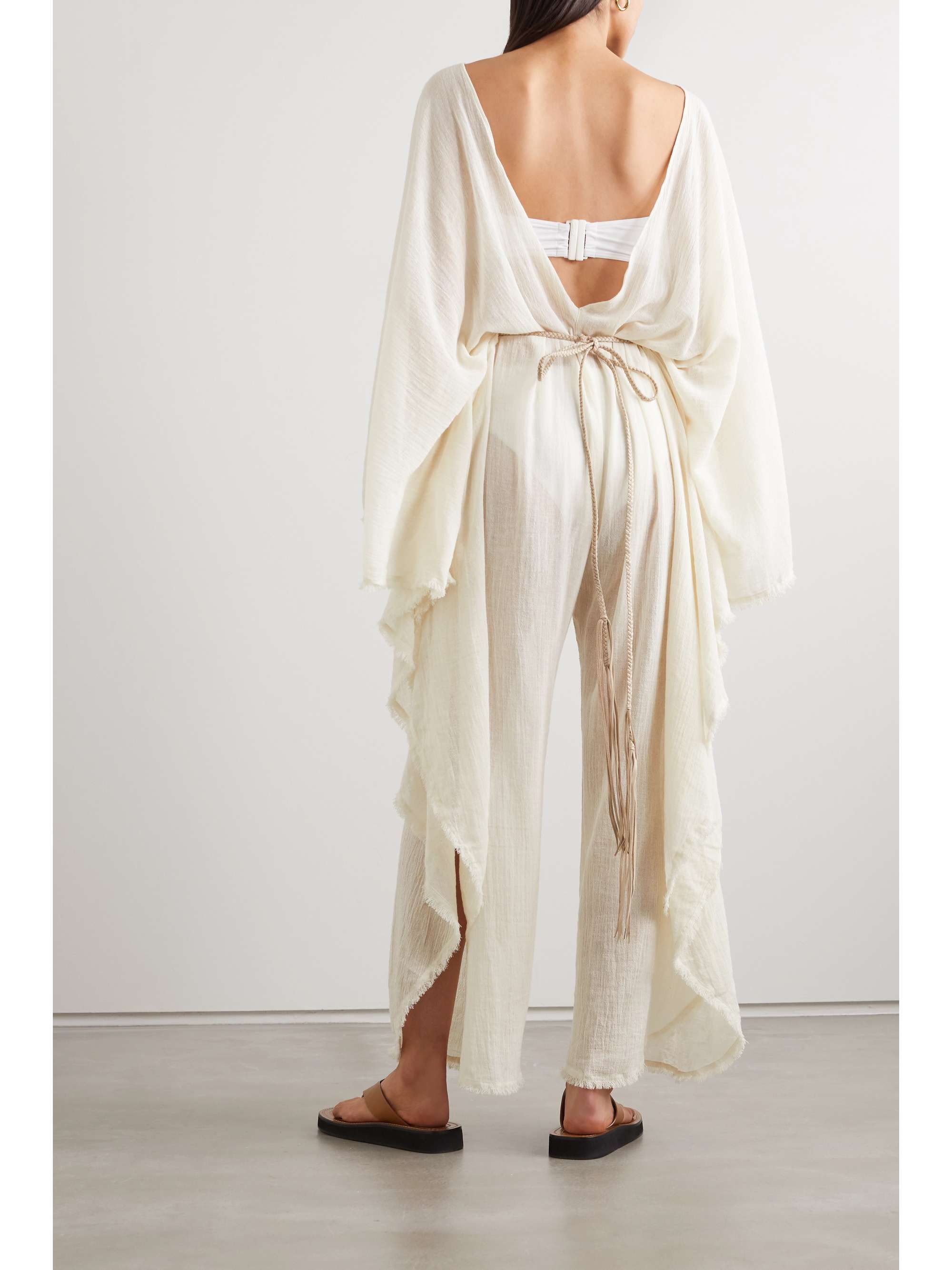 CARAVANA + NET SUSTAIN open-back leather-trimmed cotton-gauze jumpsuit