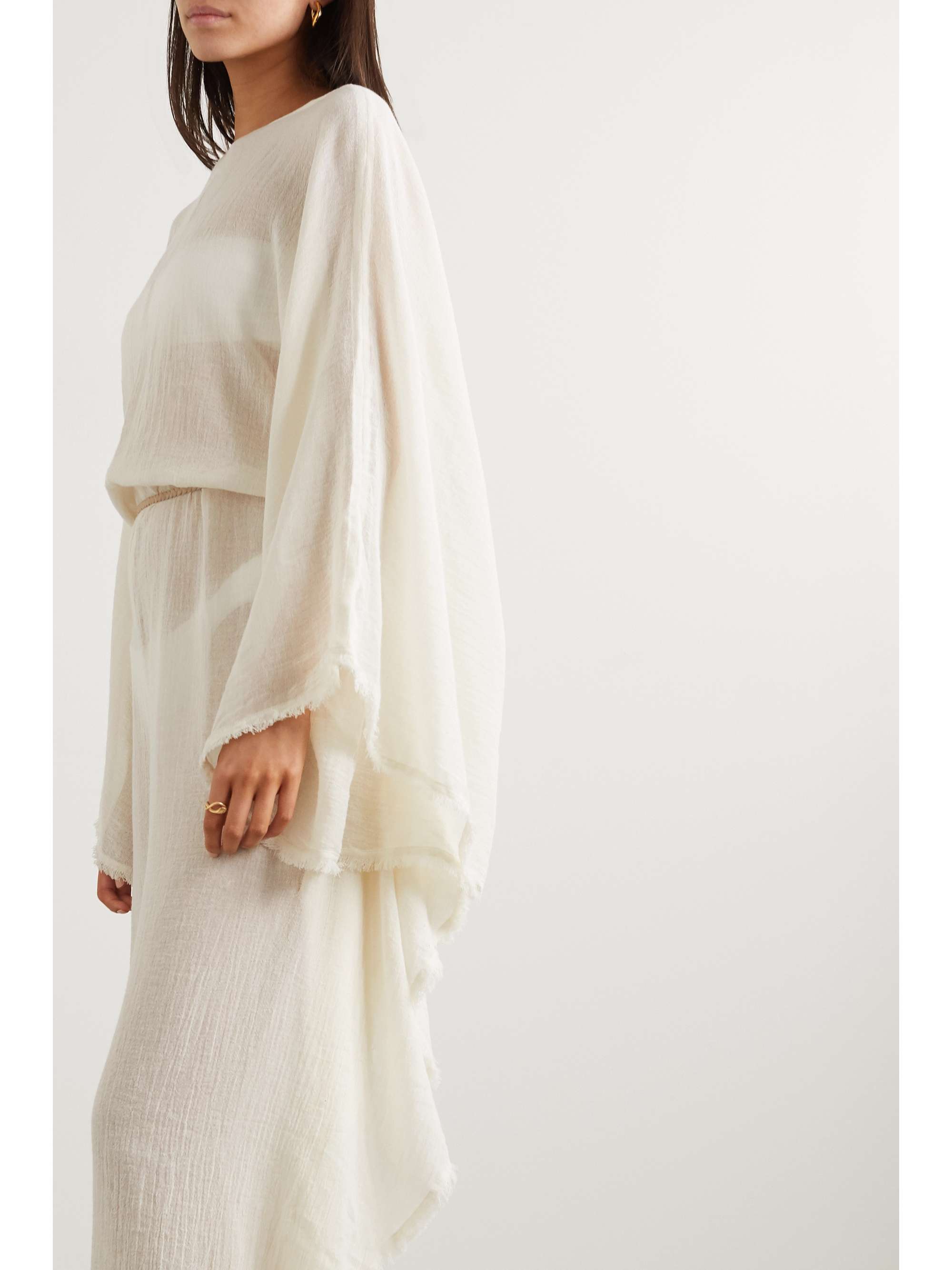 CARAVANA + NET SUSTAIN open-back leather-trimmed cotton-gauze jumpsuit