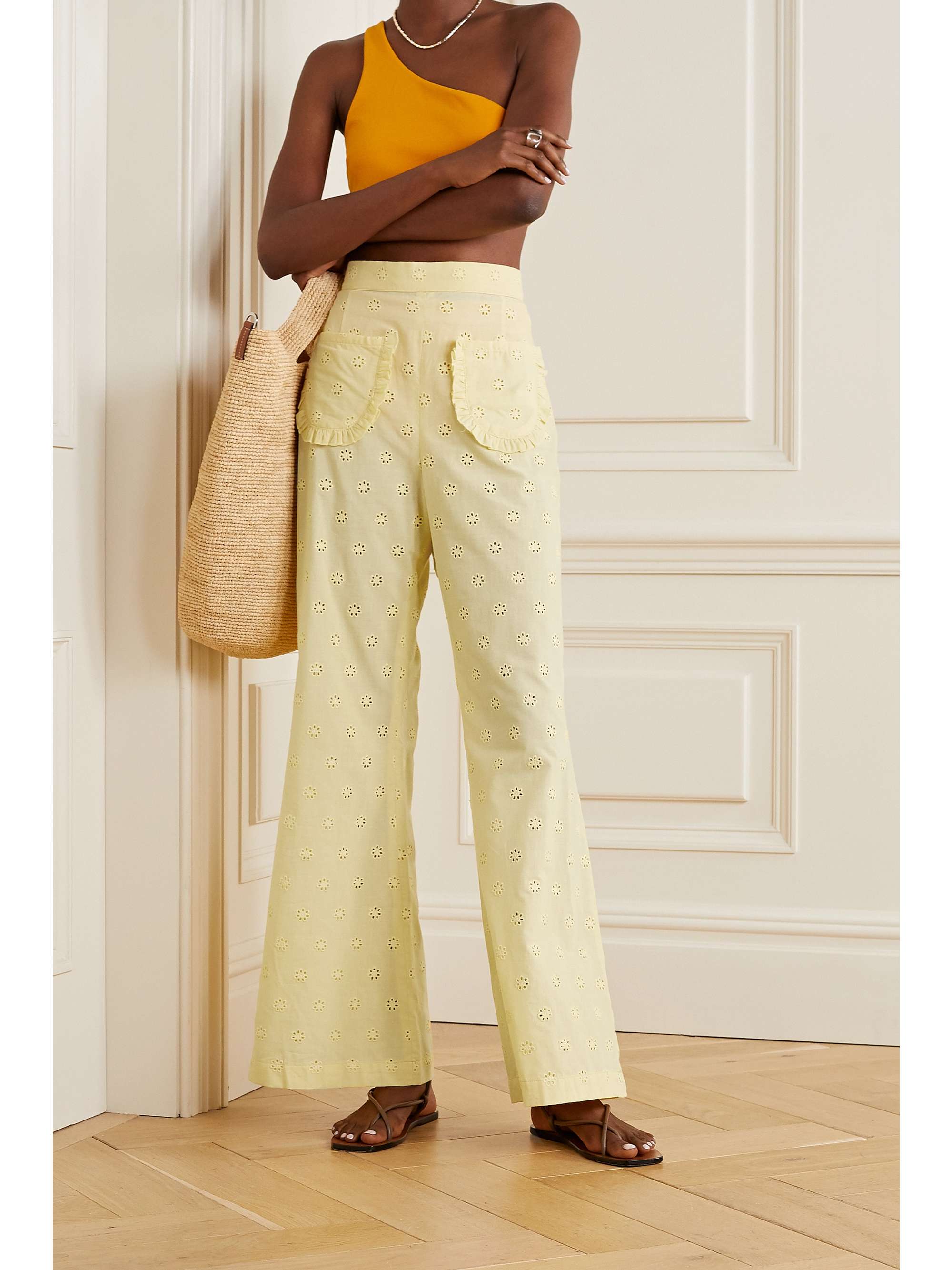 LISA MARIE FERNANDEZ Holly ruffled broderie anglaise cotton wide-leg pants