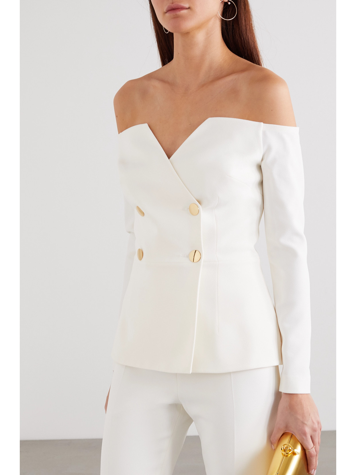 Safiyaa Off-the-shoulder Double-breasted Crepe Top In Ivory