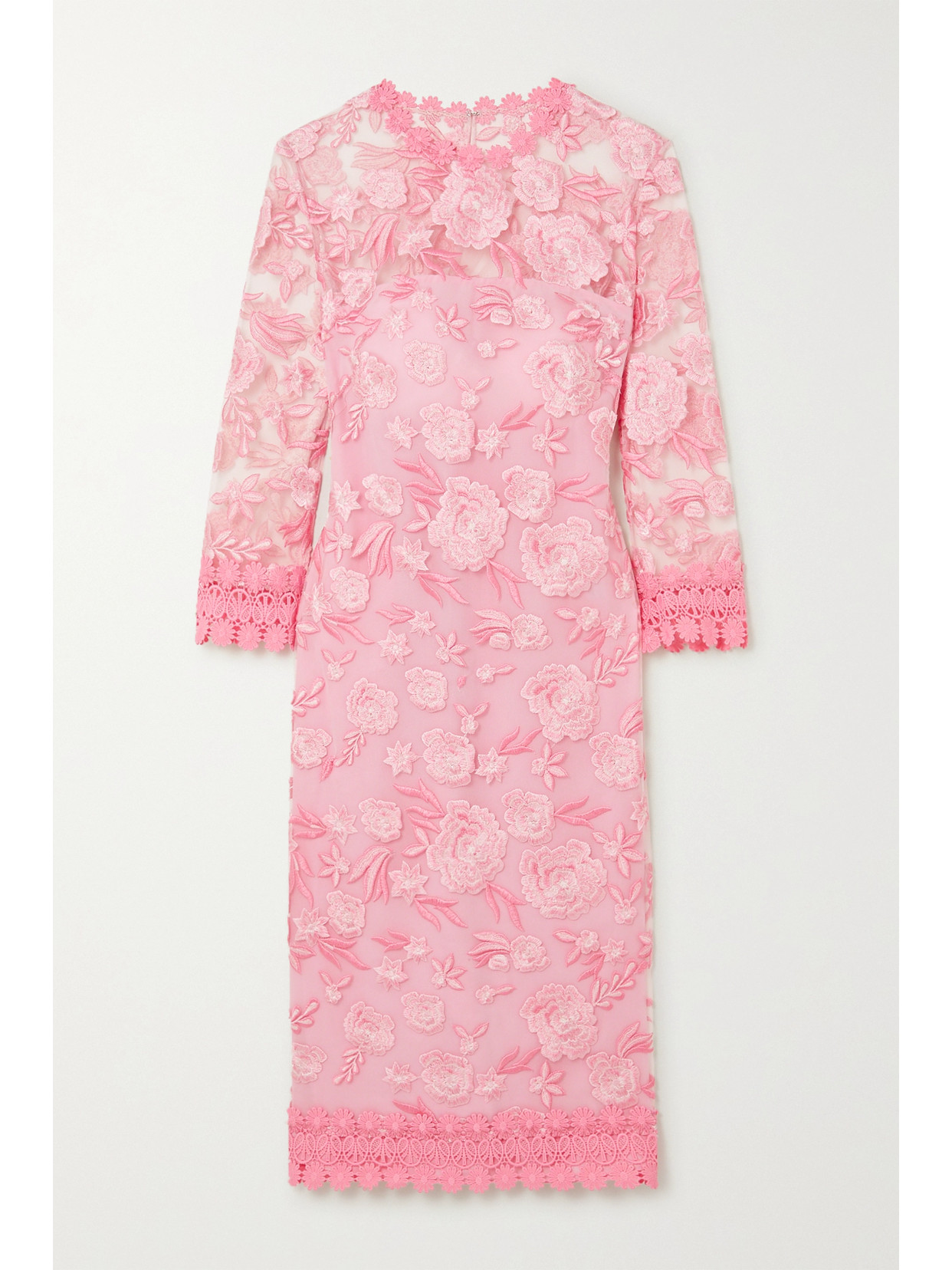Naeem Khan Crochet-trimmed Embroidered Tulle And Silk Midi Dress In Pink |  ModeSens
