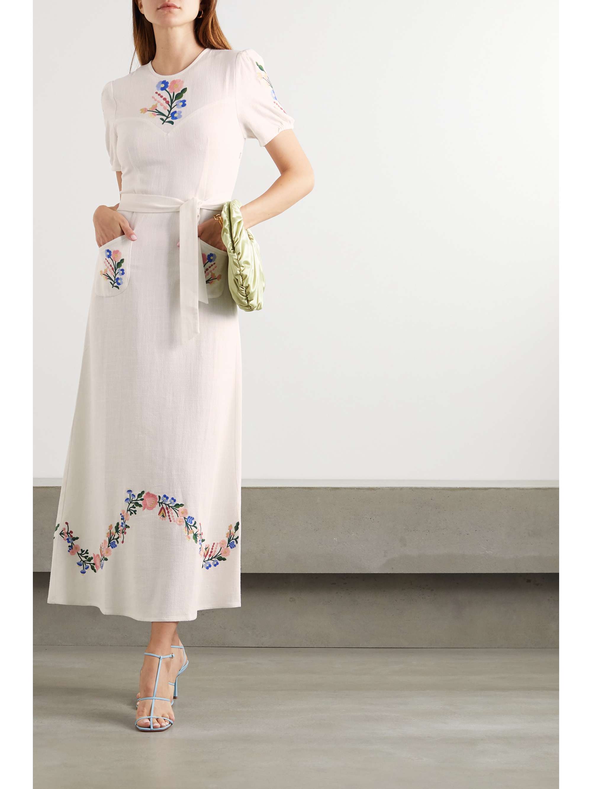 RIXO Dominique belted embroidered gauze midi dress