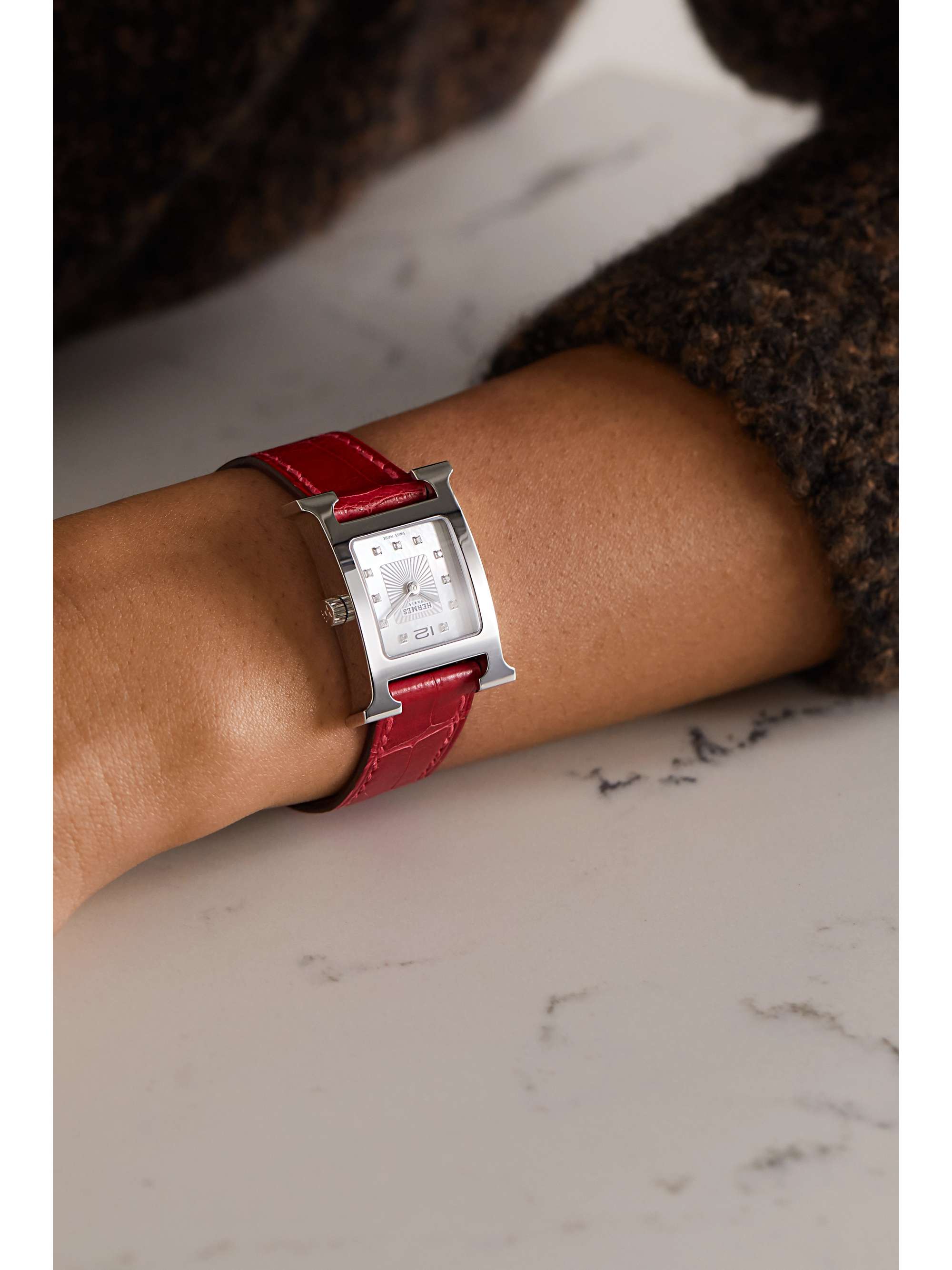 HERMÈS TIMEPIECES Heure H 25mm small stainless steel, alligator and diamond watch