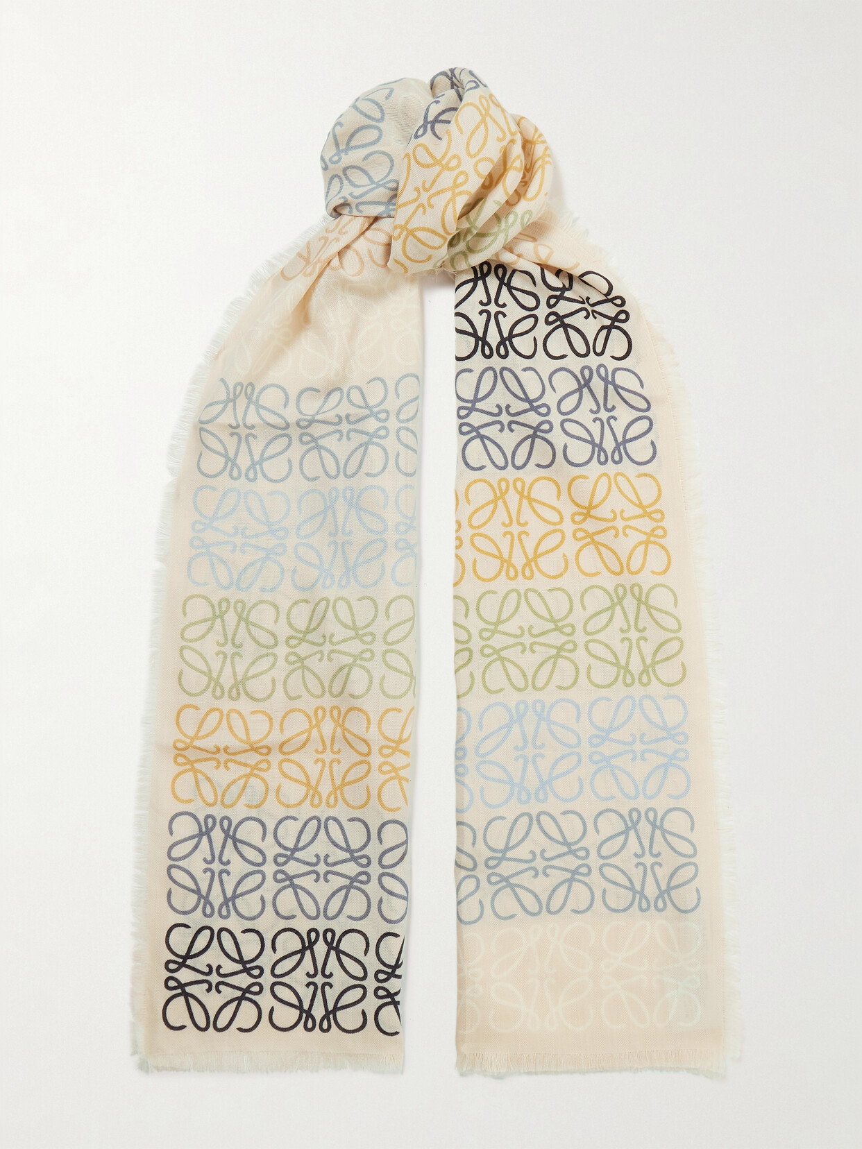 Shop Loewe Fringed Printed Wool, Silk And Cashmere-blend Scarf In White