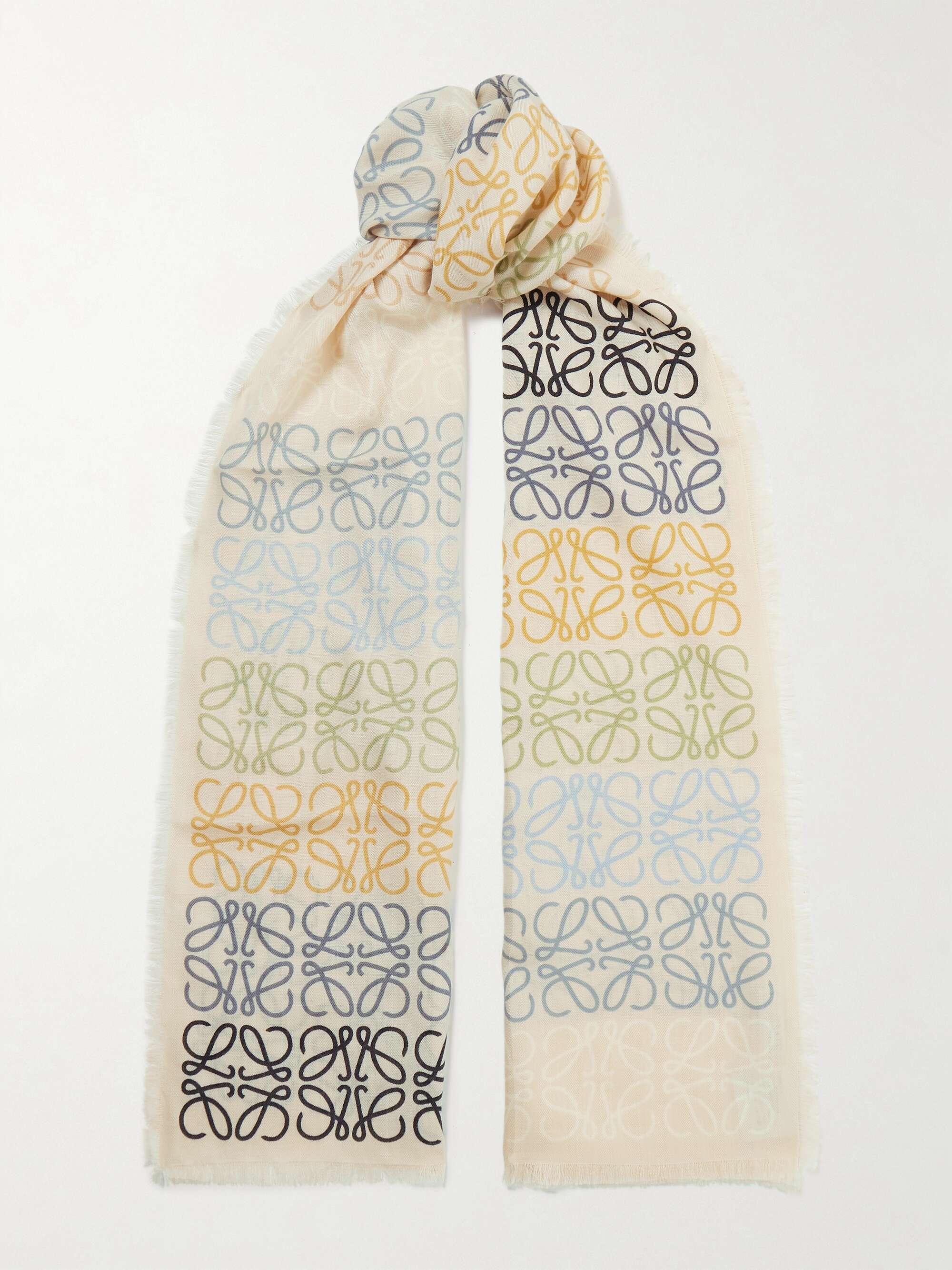 LOEWE Fringed printed wool, silk and cashmere-blend scarf