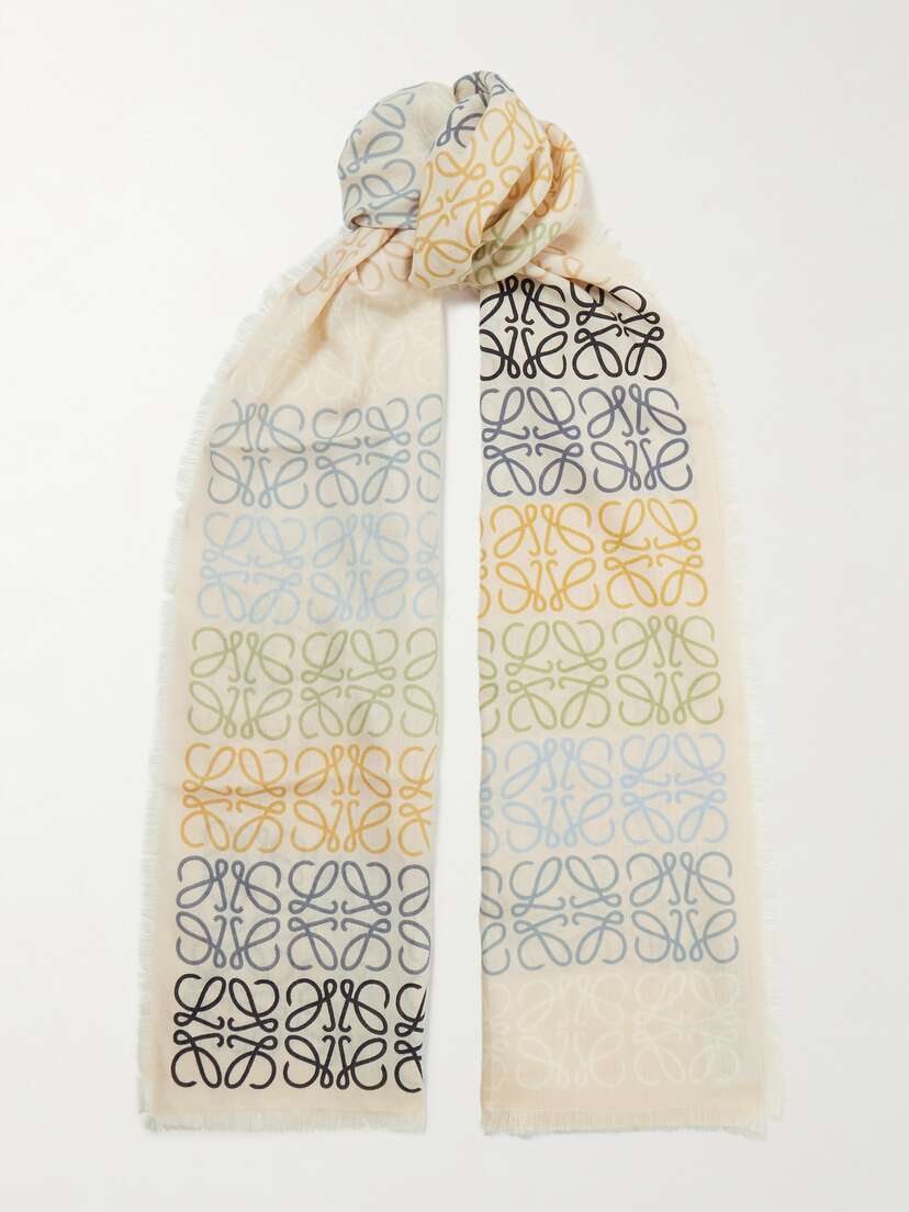 Loewe Fringed Printed Wool, Silk And Cashmere-blend Scarf