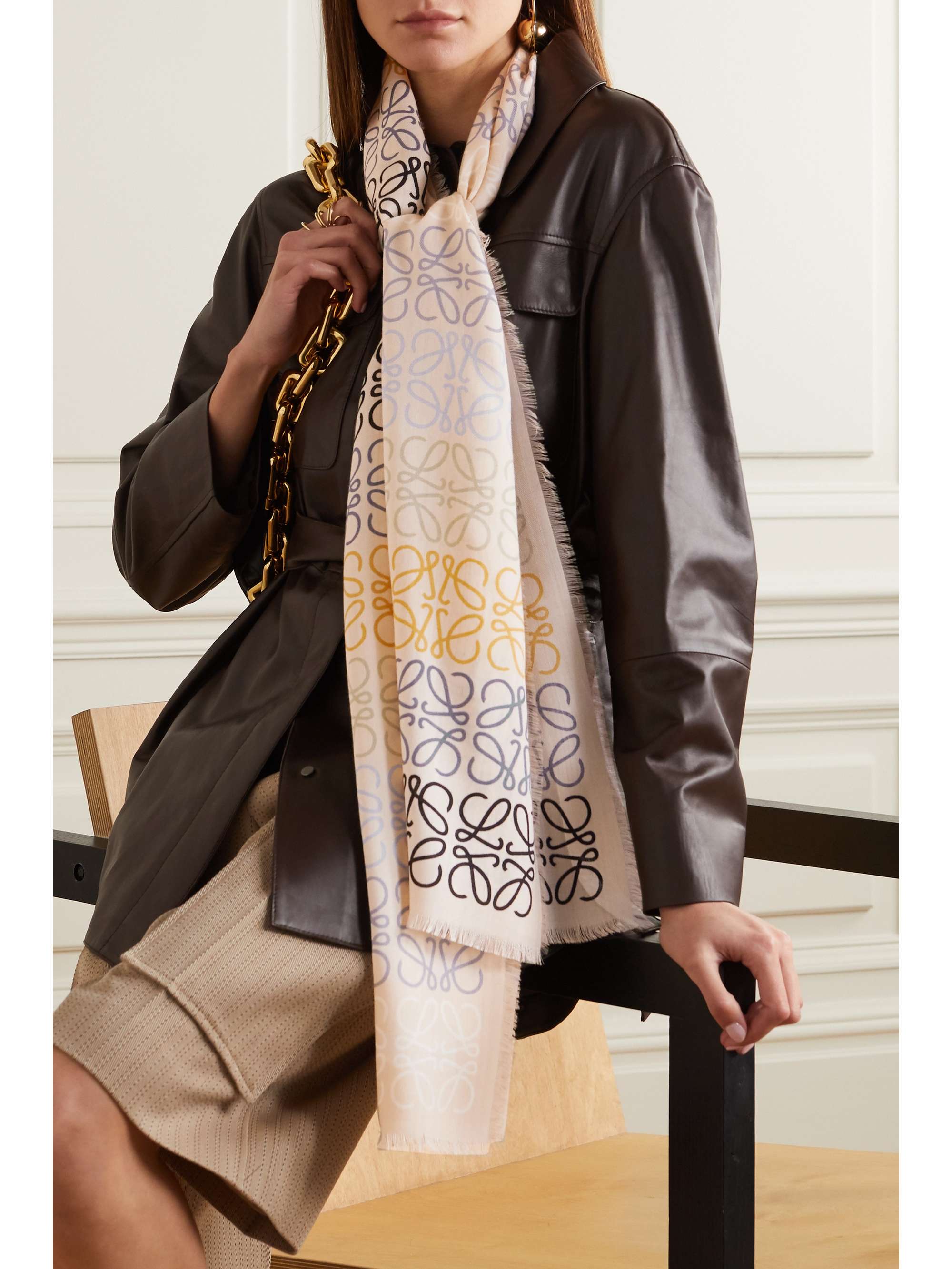 Fringed printed wool, silk and cashmere-blend scarf