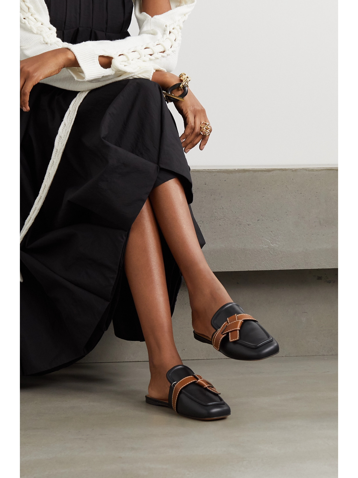 Loewe Gate Topstitched Two-tone Leather Loafers In Black