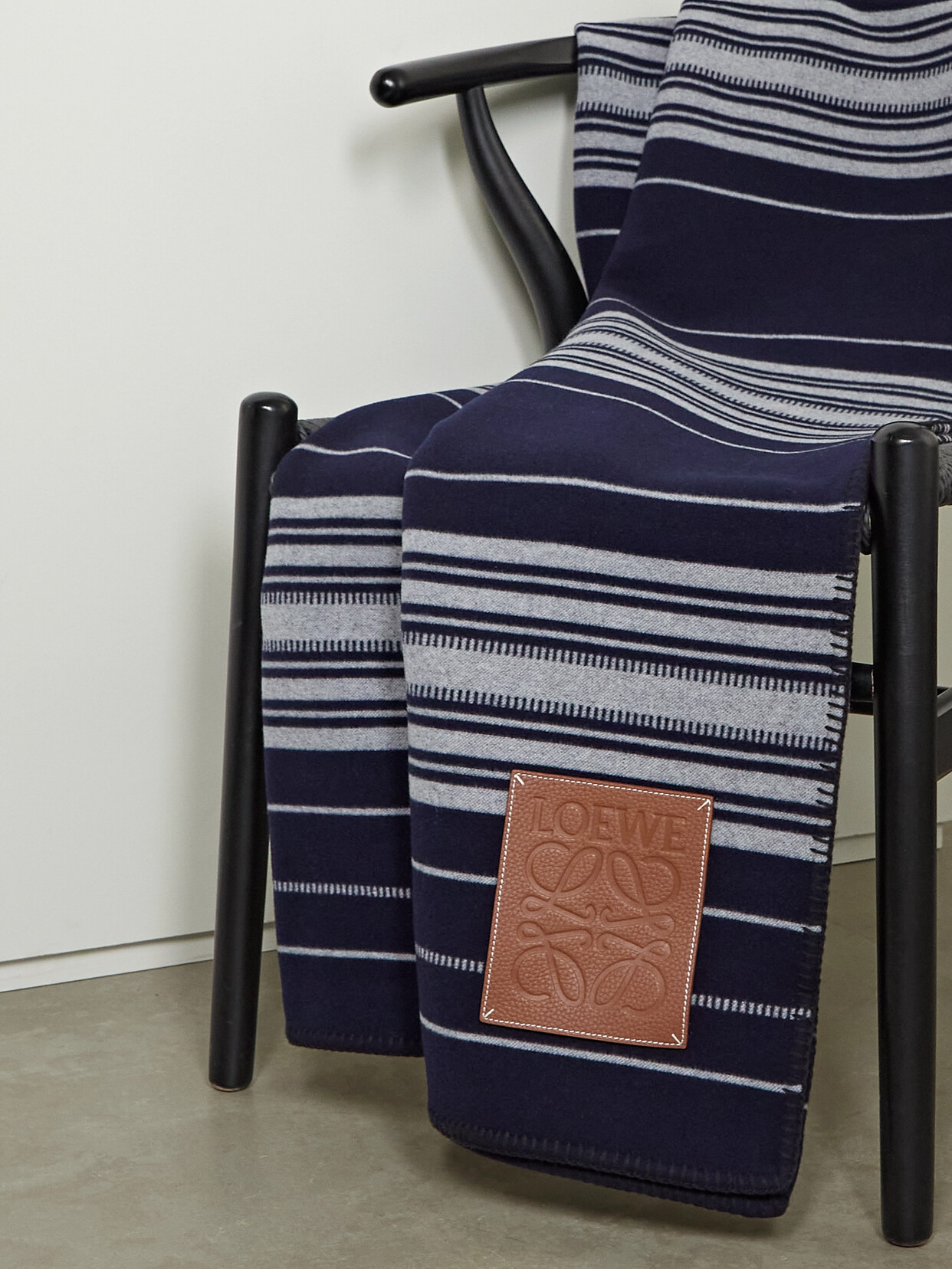 Loewe Leather-trimmed Striped Wool, Cashmere And Silk-blend Blanket In Midnight Blue