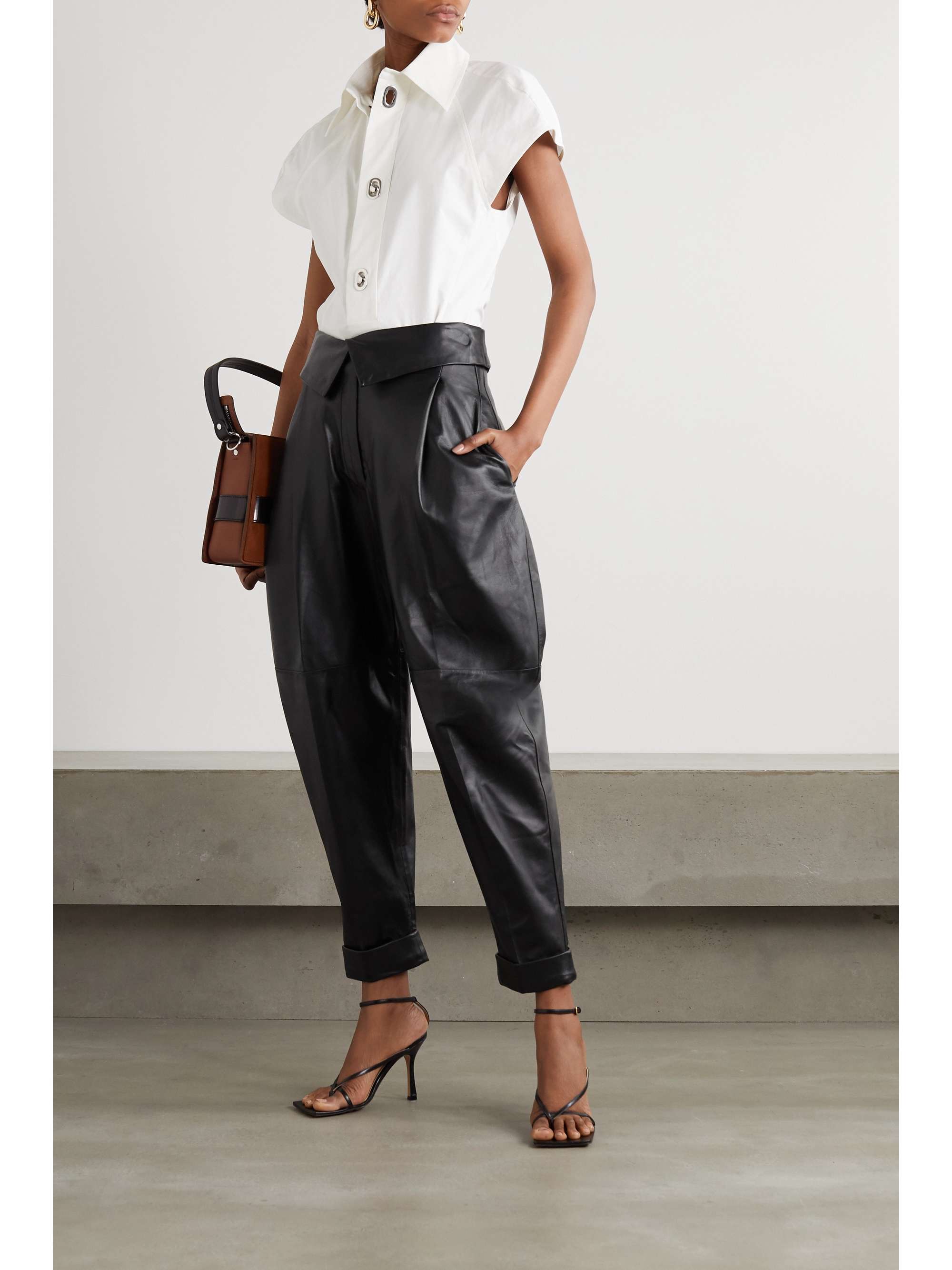Black Pleated leather tapered pants 