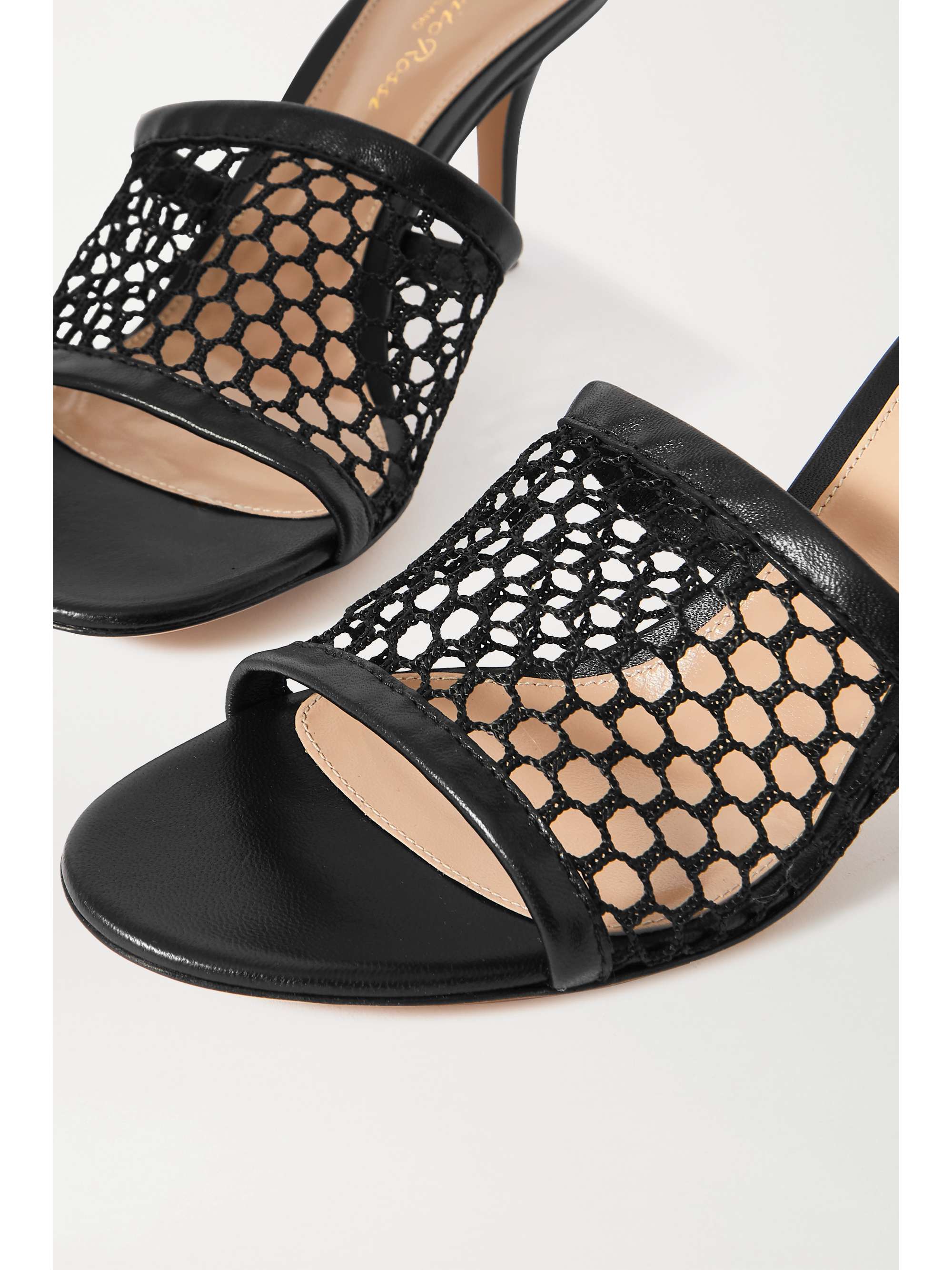 GIANVITO ROSSI 70 leather-trimmed fishnet mules