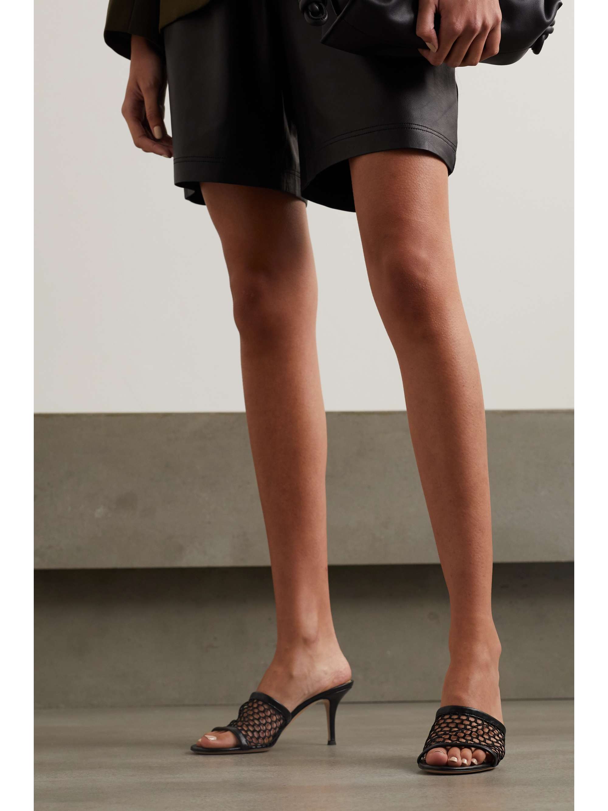 GIANVITO ROSSI 70 leather-trimmed fishnet mules