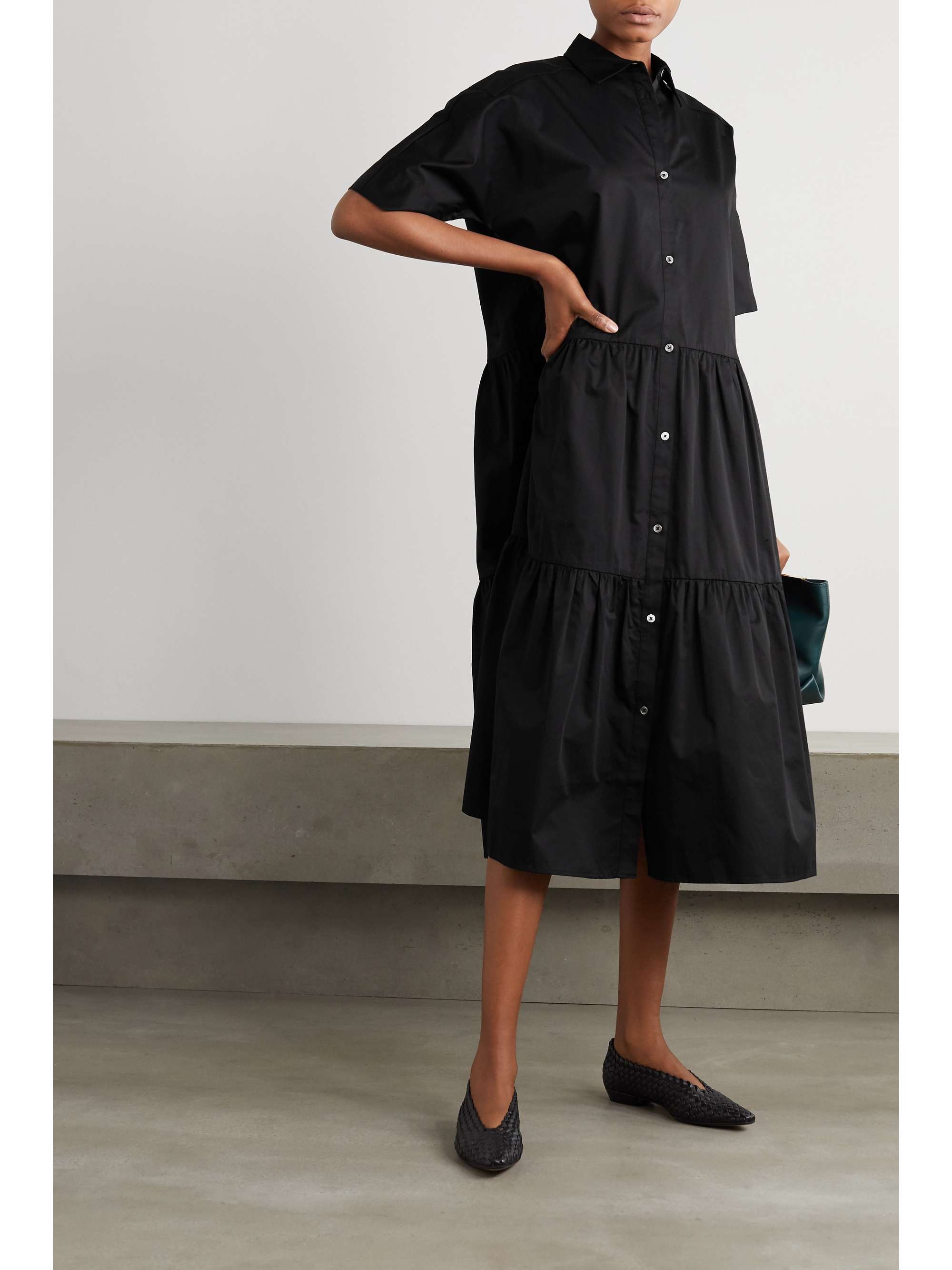 Tiered cotton-poplin midi shirt dress ...