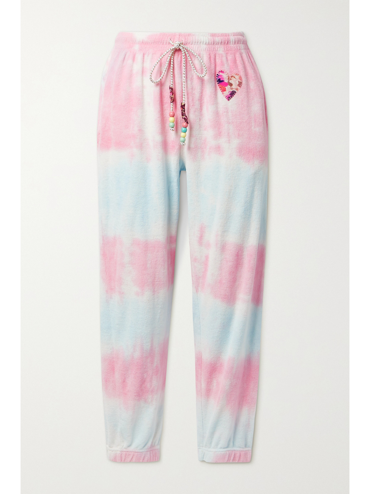 LOVESHACKFANCY SANTINELLA BEAD-EMBELLISHED APPLIQUÉD TIE-DYED COTTON-TERRY TRACK trousers