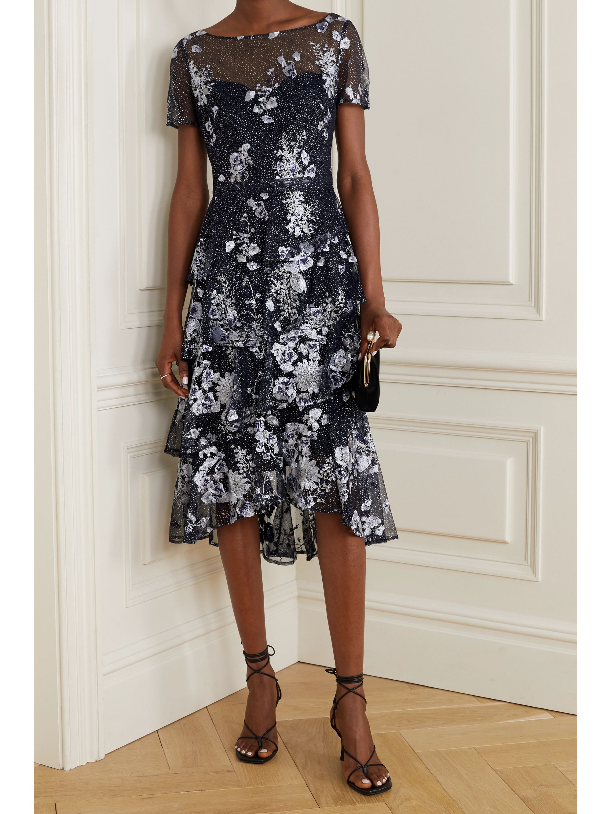 Midnight Blue Ruffled Embroidered Glittered Tulle Midi Dress Marchesa Notte Net A Porter