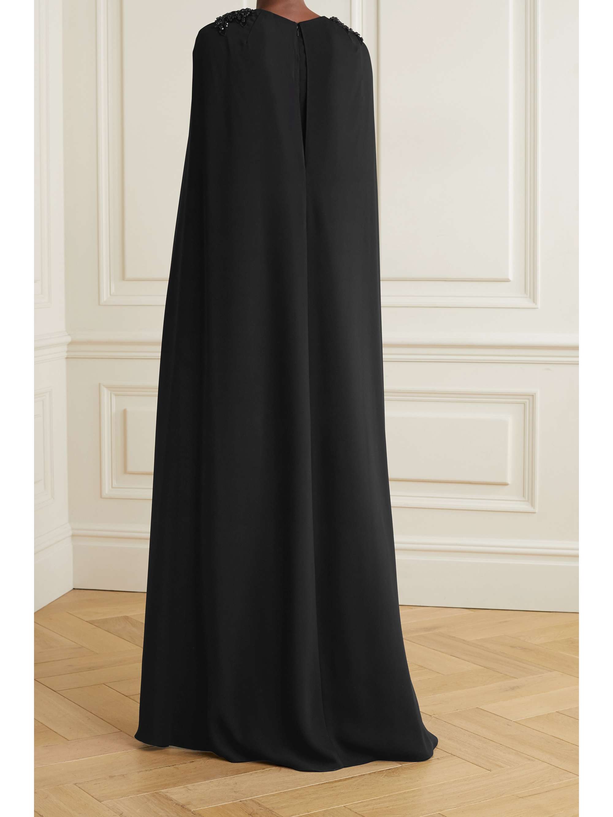 MARCHESA NOTTE Cape-effect embellished crepe gown