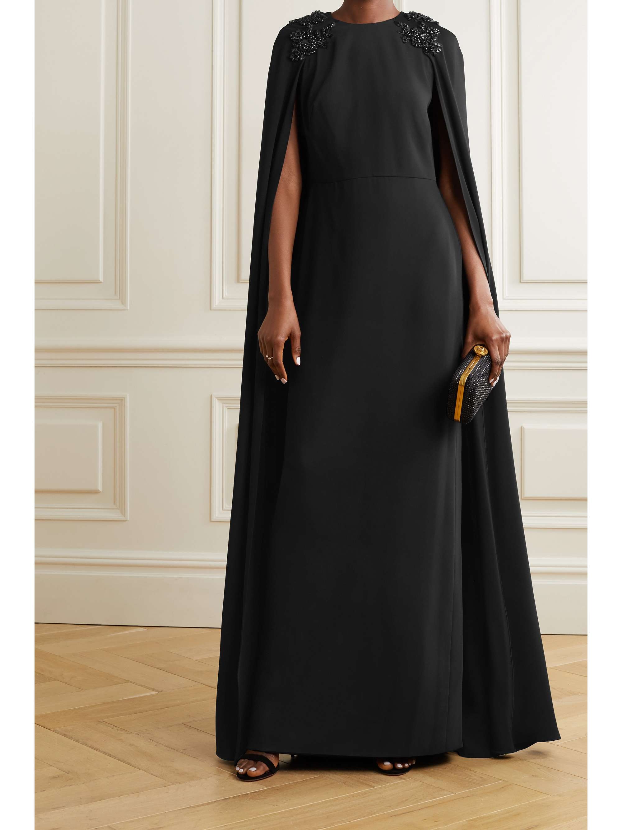 MARCHESA NOTTE Cape-effect embellished crepe gown