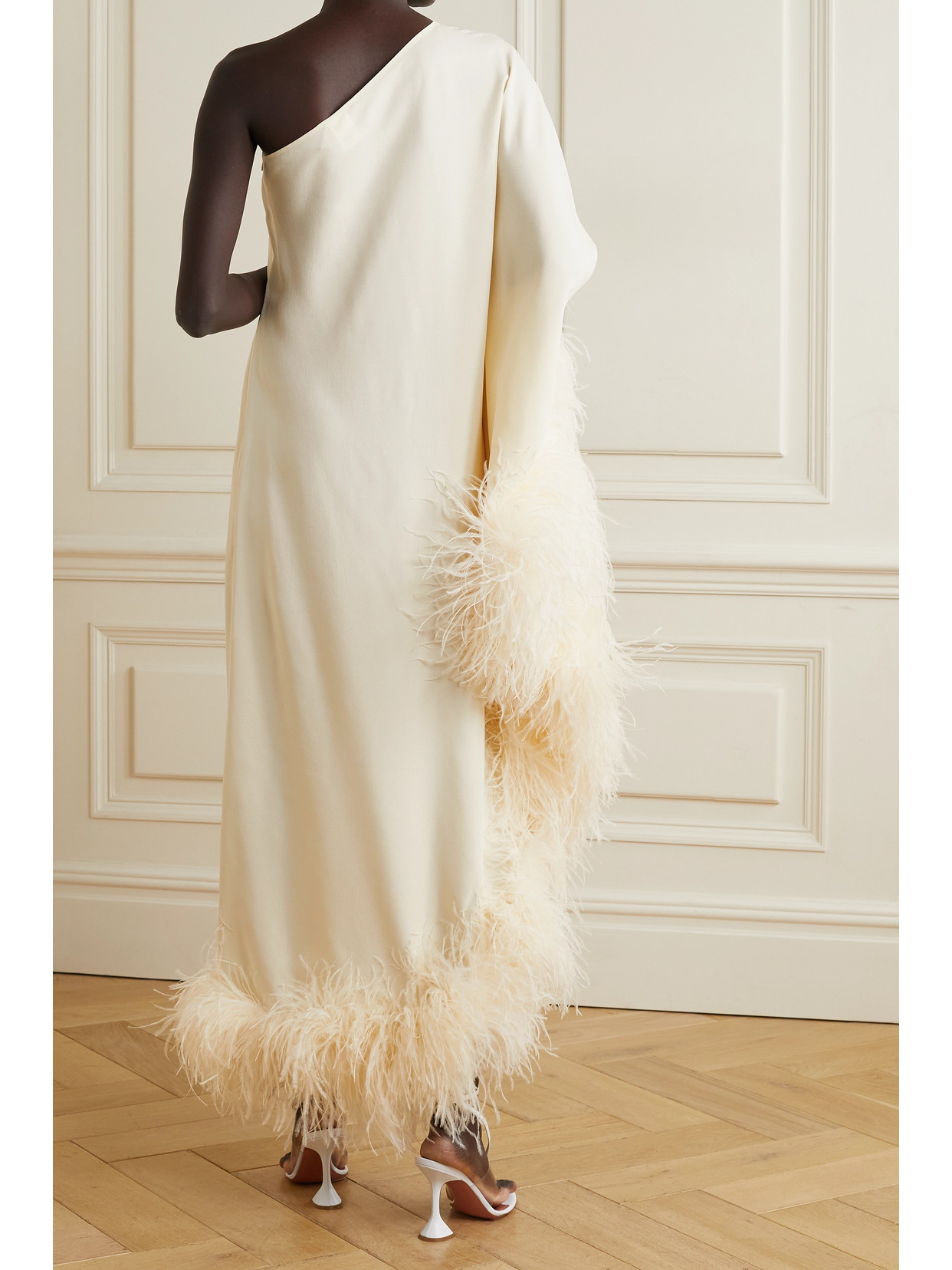 Shop Taller Marmo + Net Sustain Ubud One-shoulder Feather-trimmed Crepe Maxi Dress In Ivory