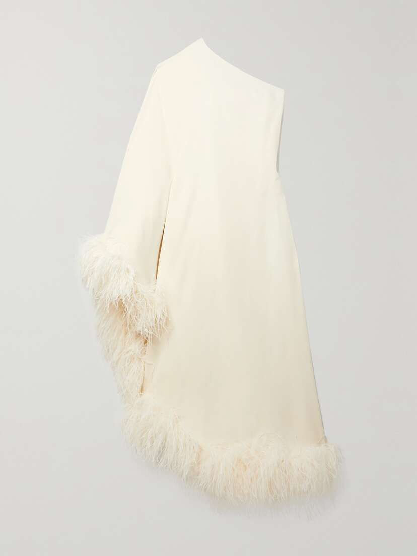 Taller Marmo + Net Sustain Ubud One-shoulder Feather-trimmed Crepe Maxi Dress
