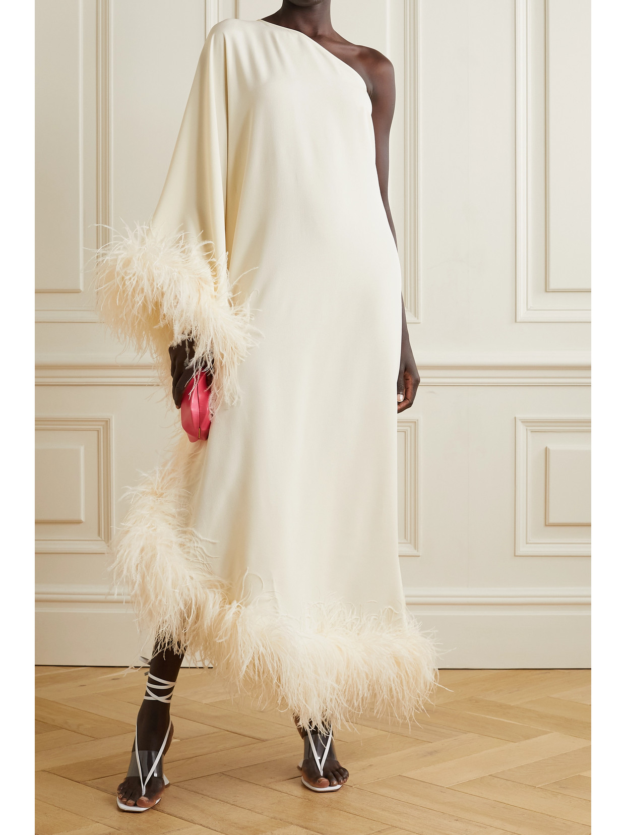 Shop Taller Marmo + Net Sustain Ubud One-shoulder Feather-trimmed Crepe Maxi Dress In Ivory