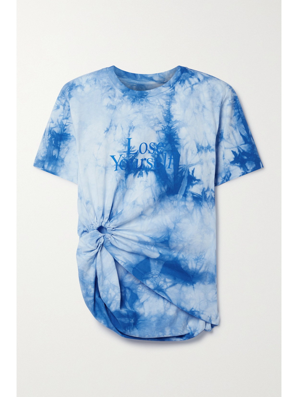 Rabanne + Peter Saville Knotted Printed Tie-dyed Cotton-jersey T-shirt In Blue