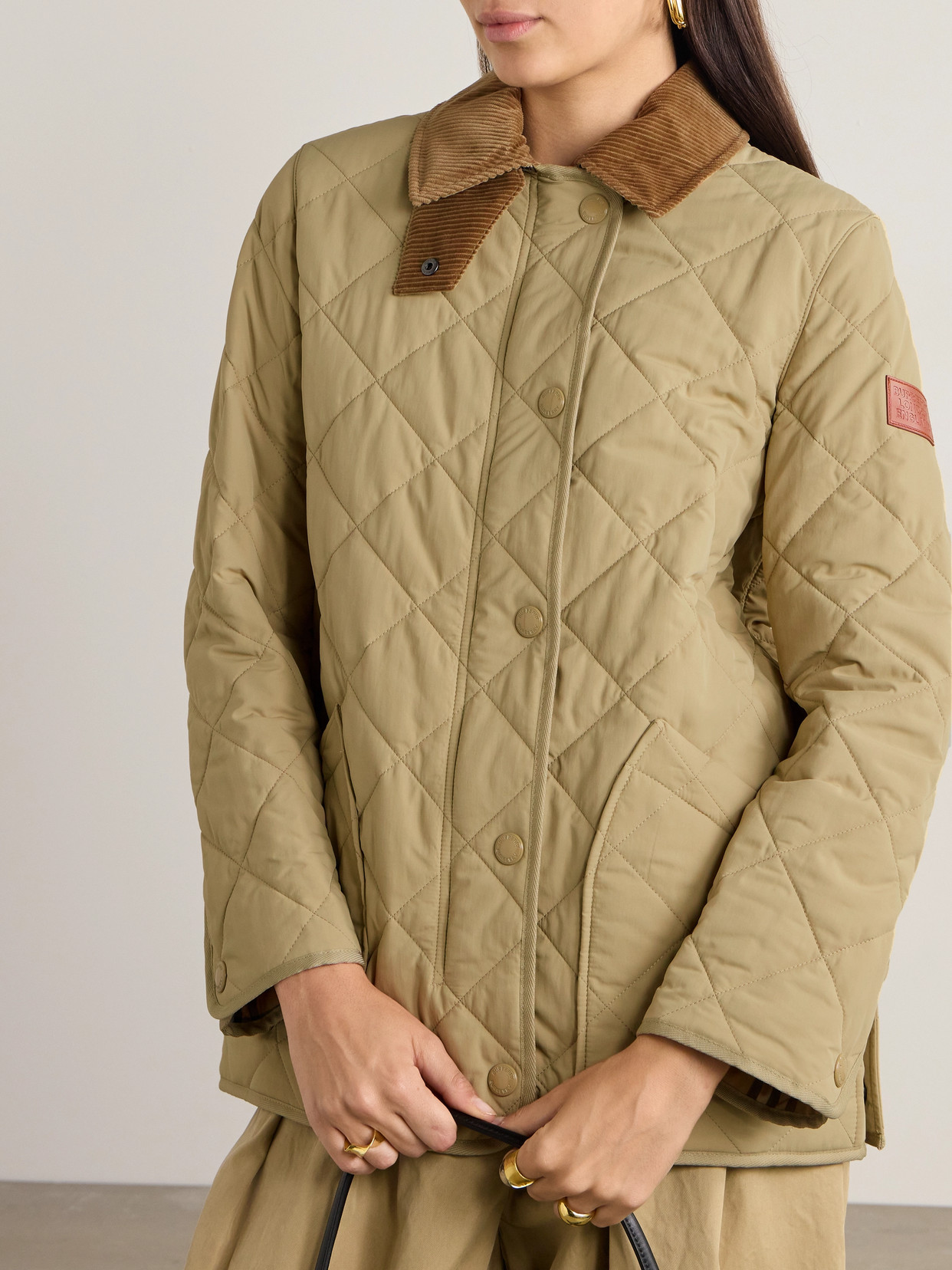 Shop Burberry Corduroy And Leather-trimmed Quilted Shell Jacket In Beige