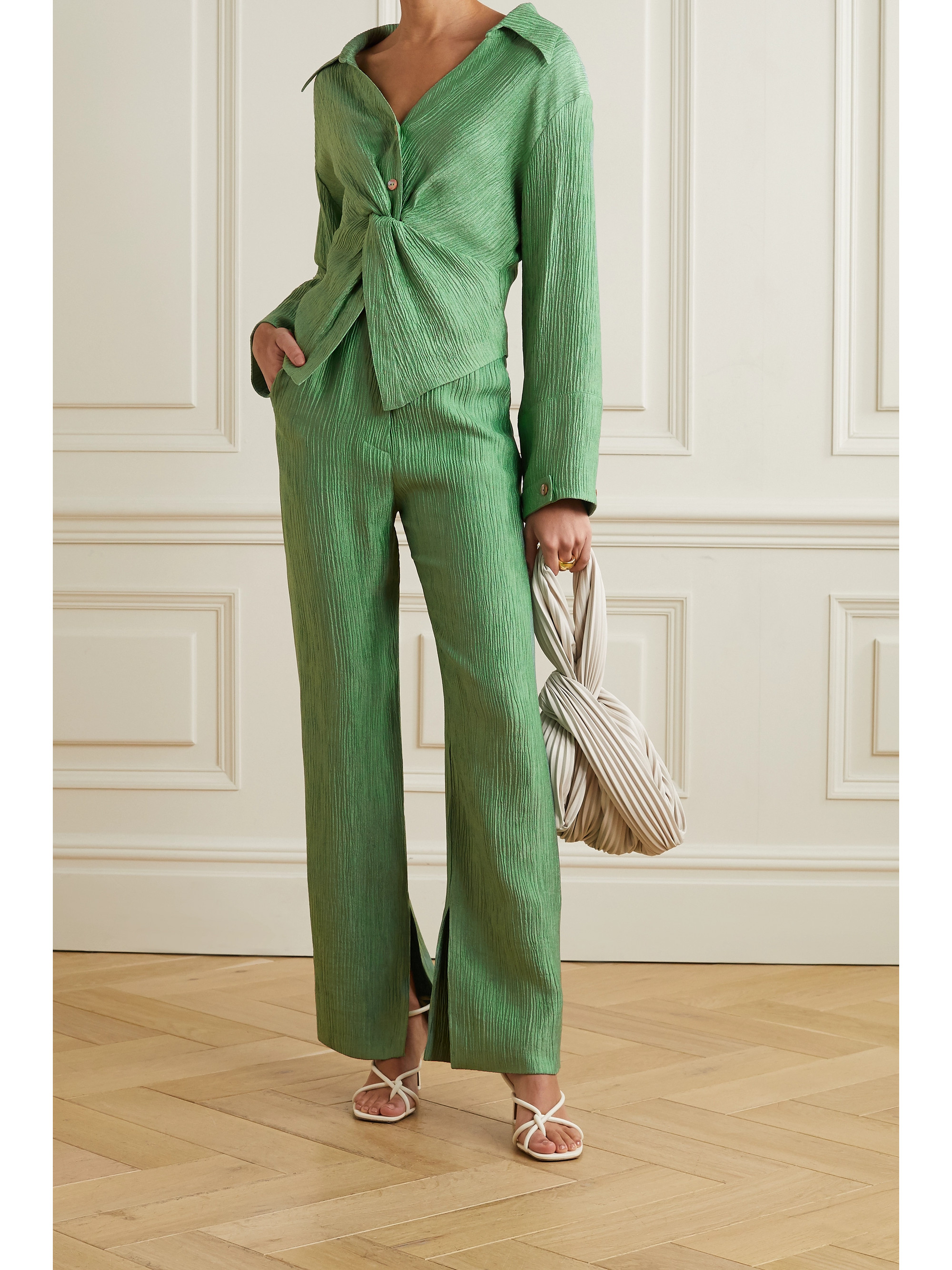 NANUSHKA Tabbie metallic plissé-crepe straight-leg pants, £237.50 (was £475)
