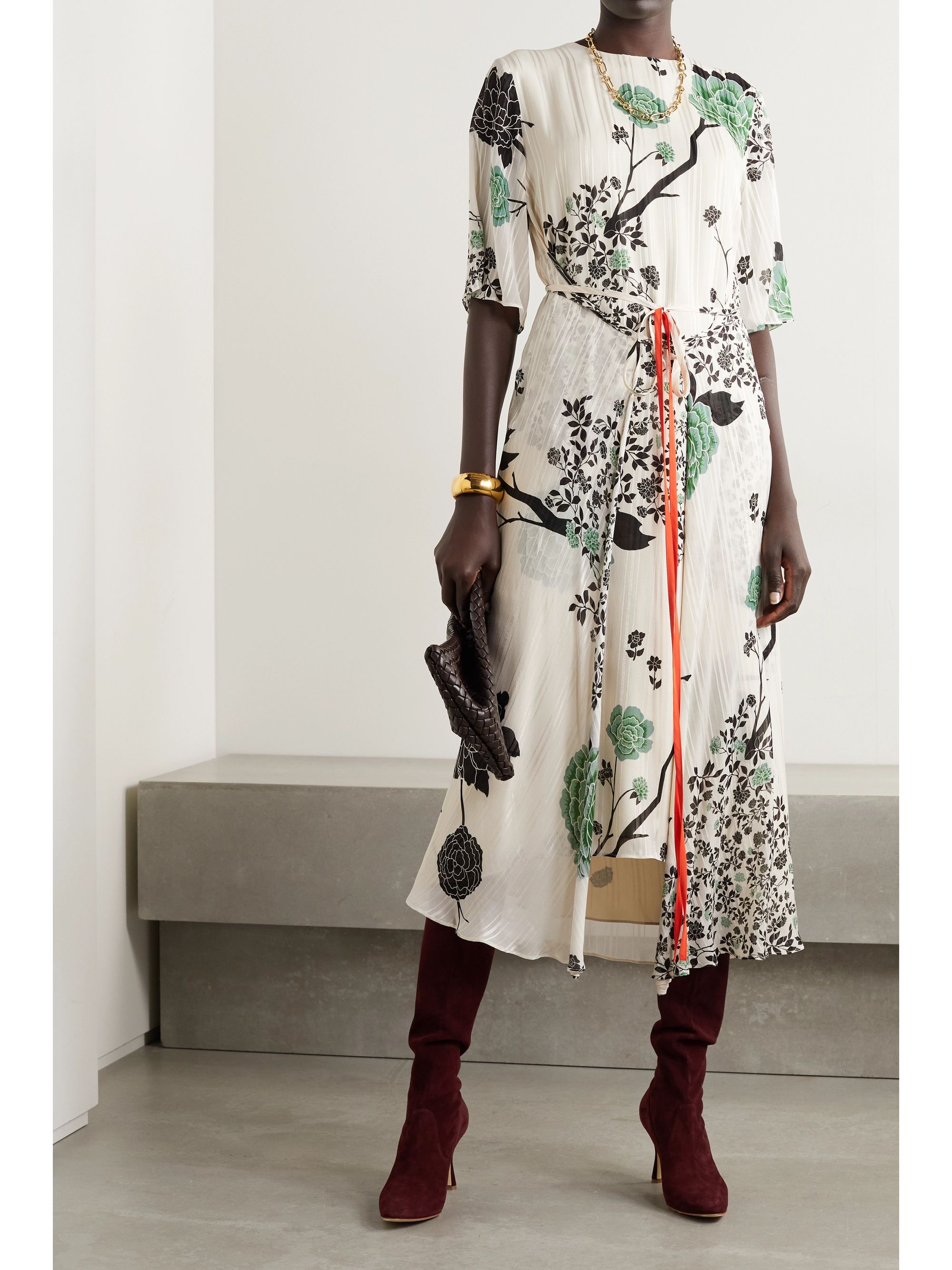Cream Belted Floral Print Crepon Midi Dress Victoria Beckham Net A Porter 