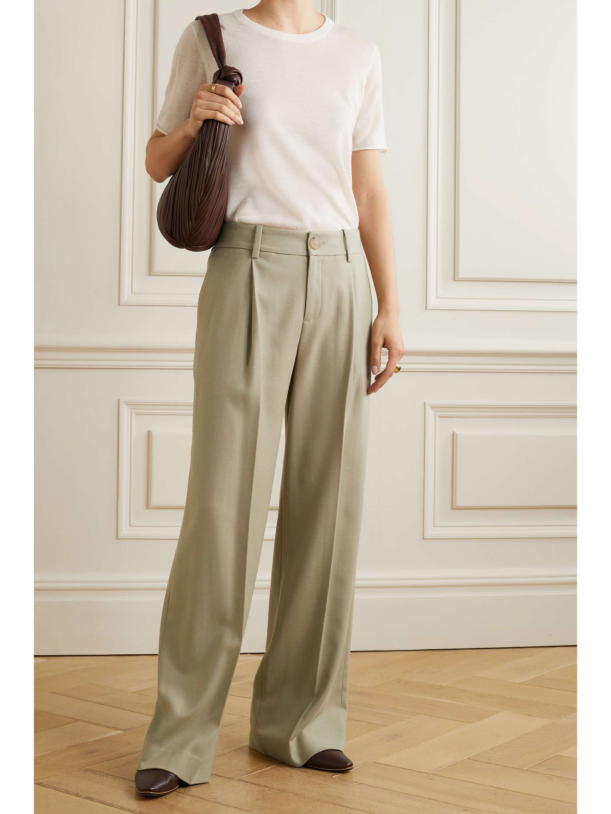 Beige Pleated flannel wide-leg pants 