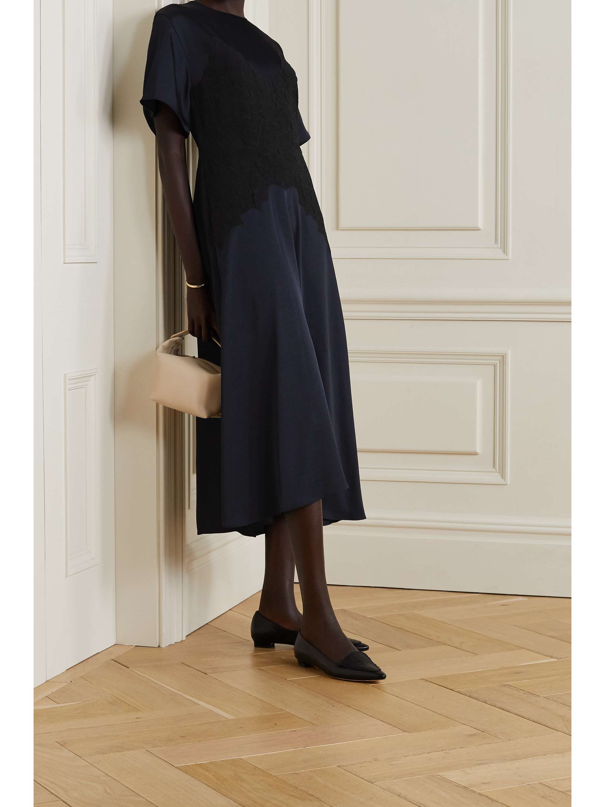 vince draped silk panel midi dress