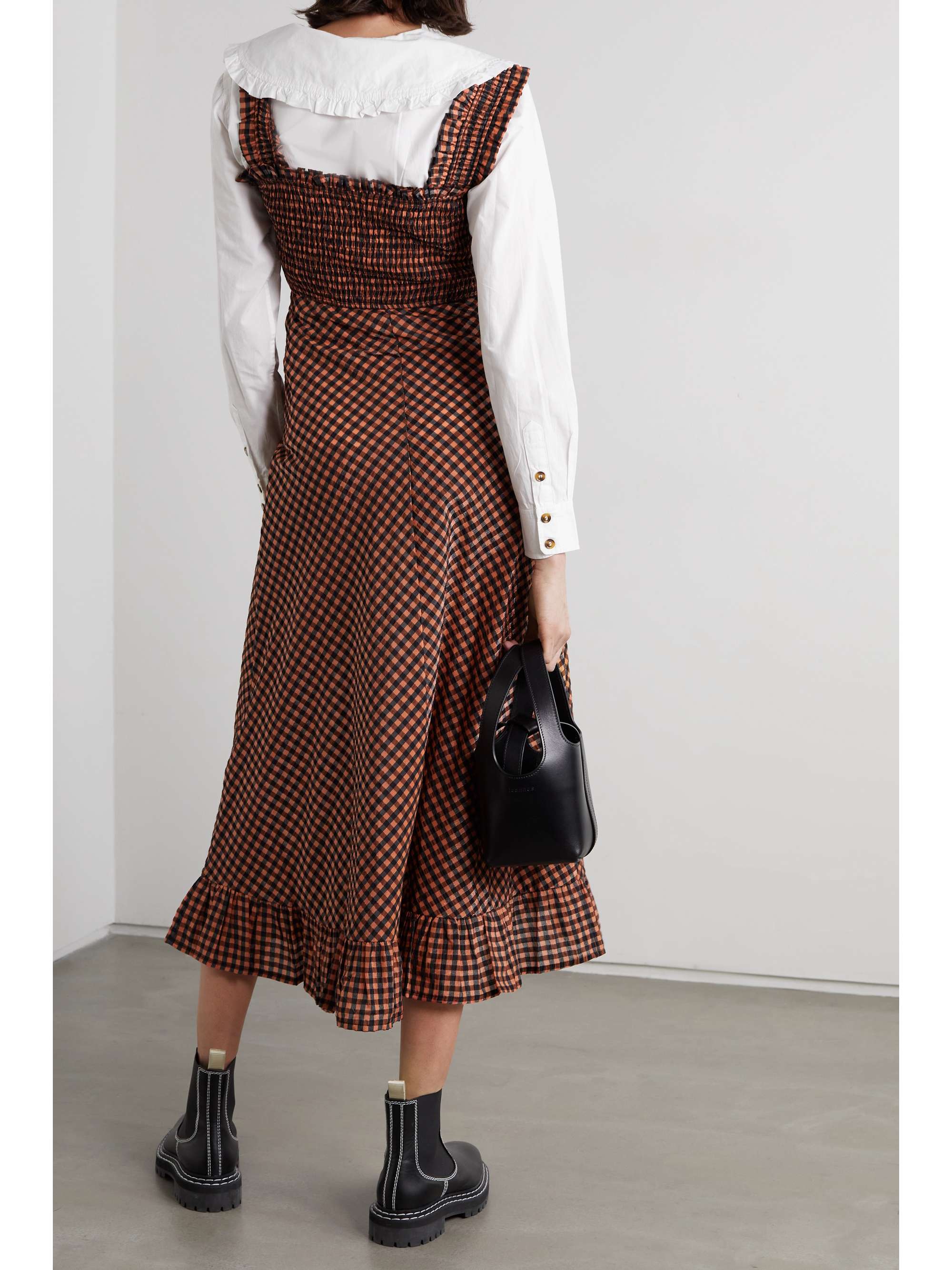 GANNI Ruffled smocked gingham seersucker midi dress