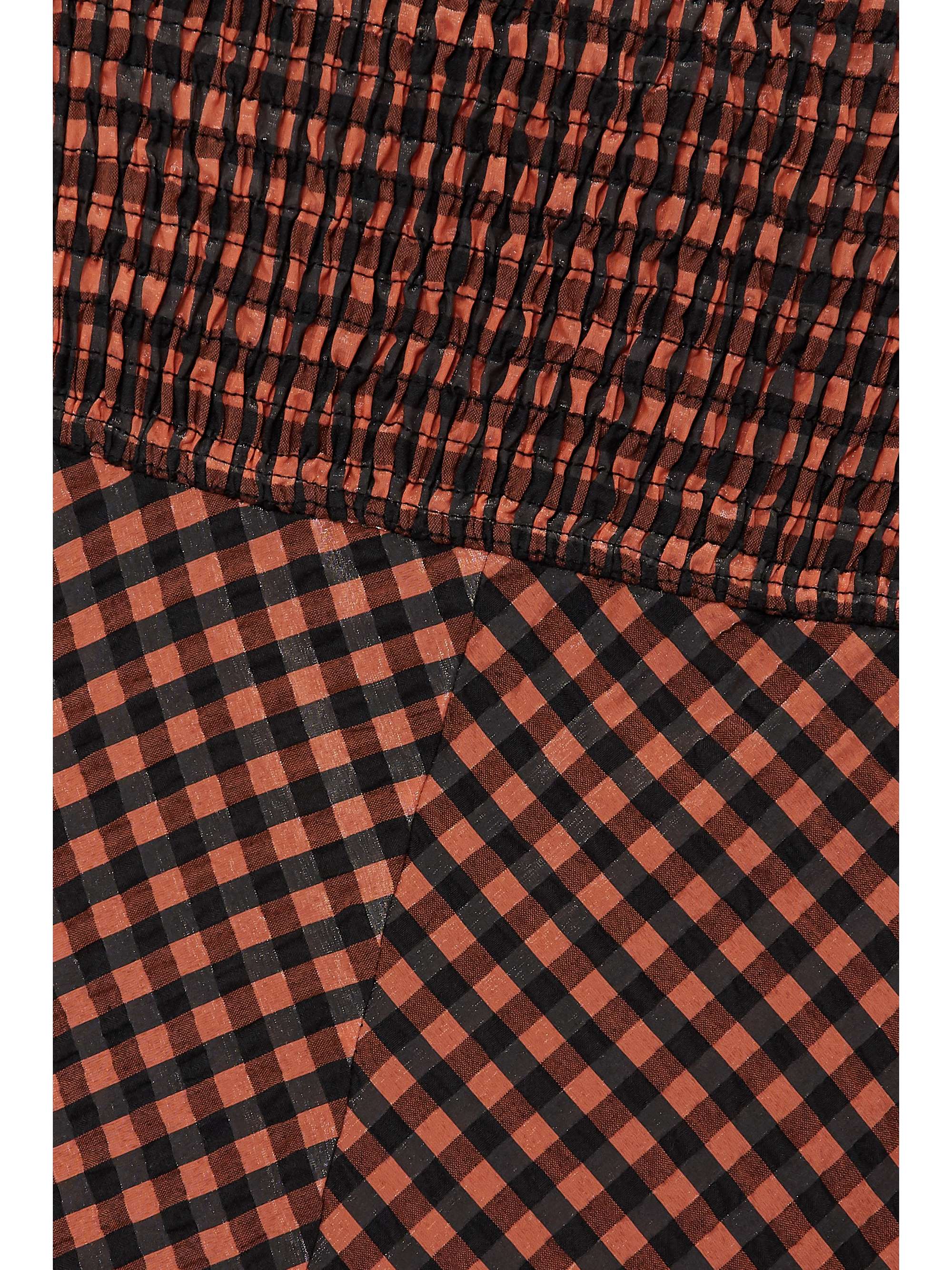 GANNI Ruffled smocked gingham seersucker midi dress