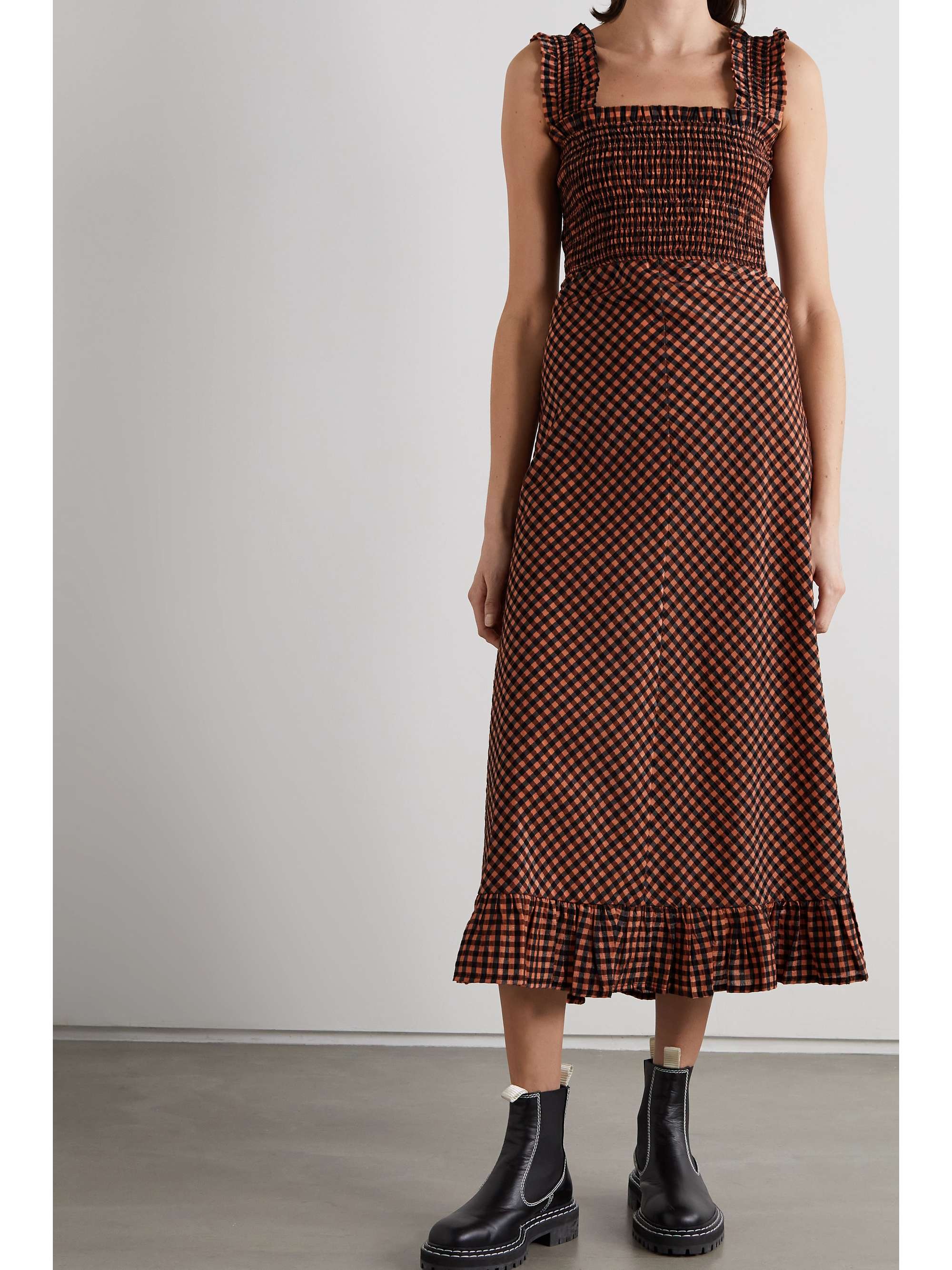 GANNI Ruffled smocked gingham seersucker midi dress