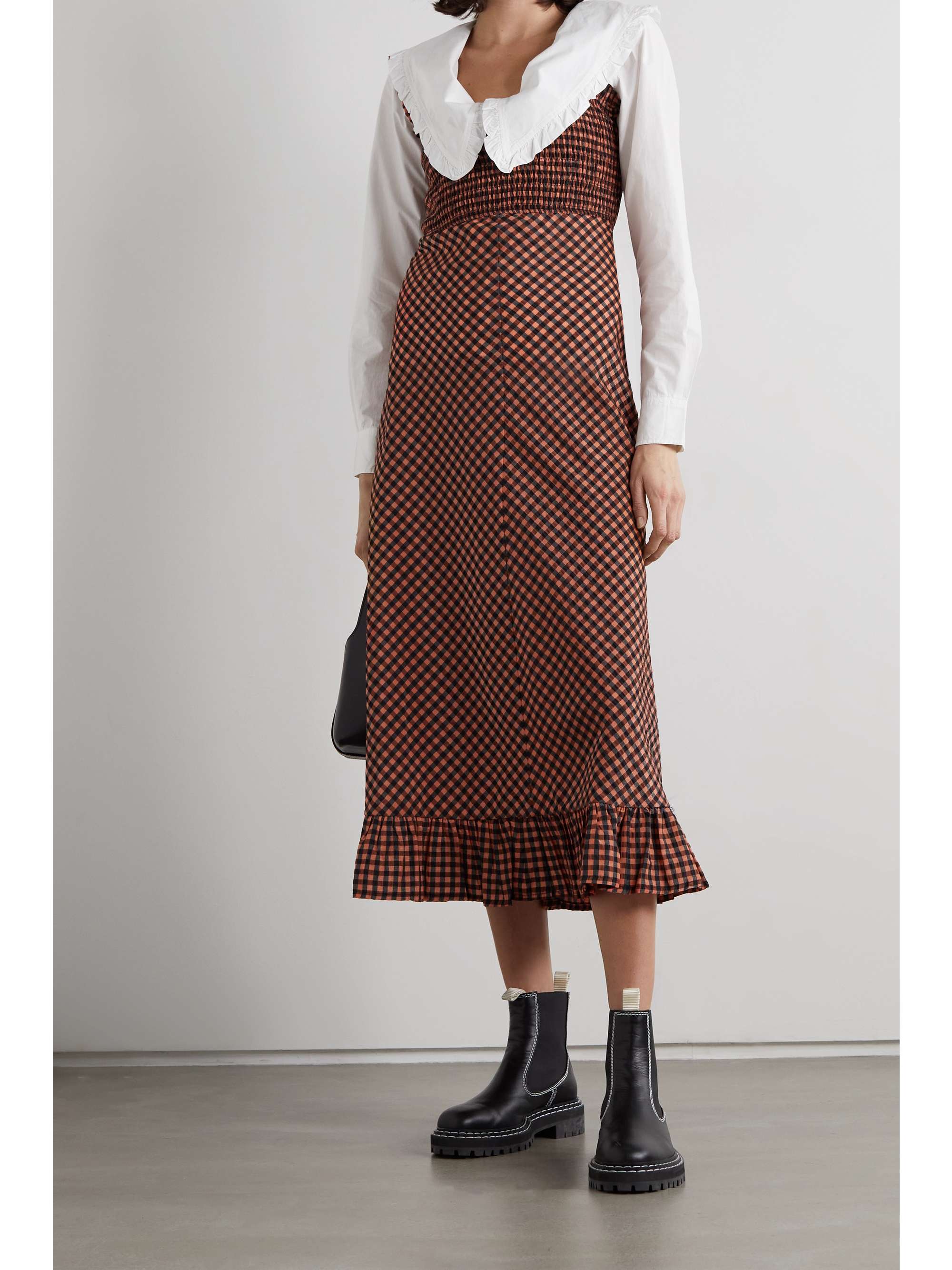 GANNI Ruffled smocked gingham seersucker midi dress