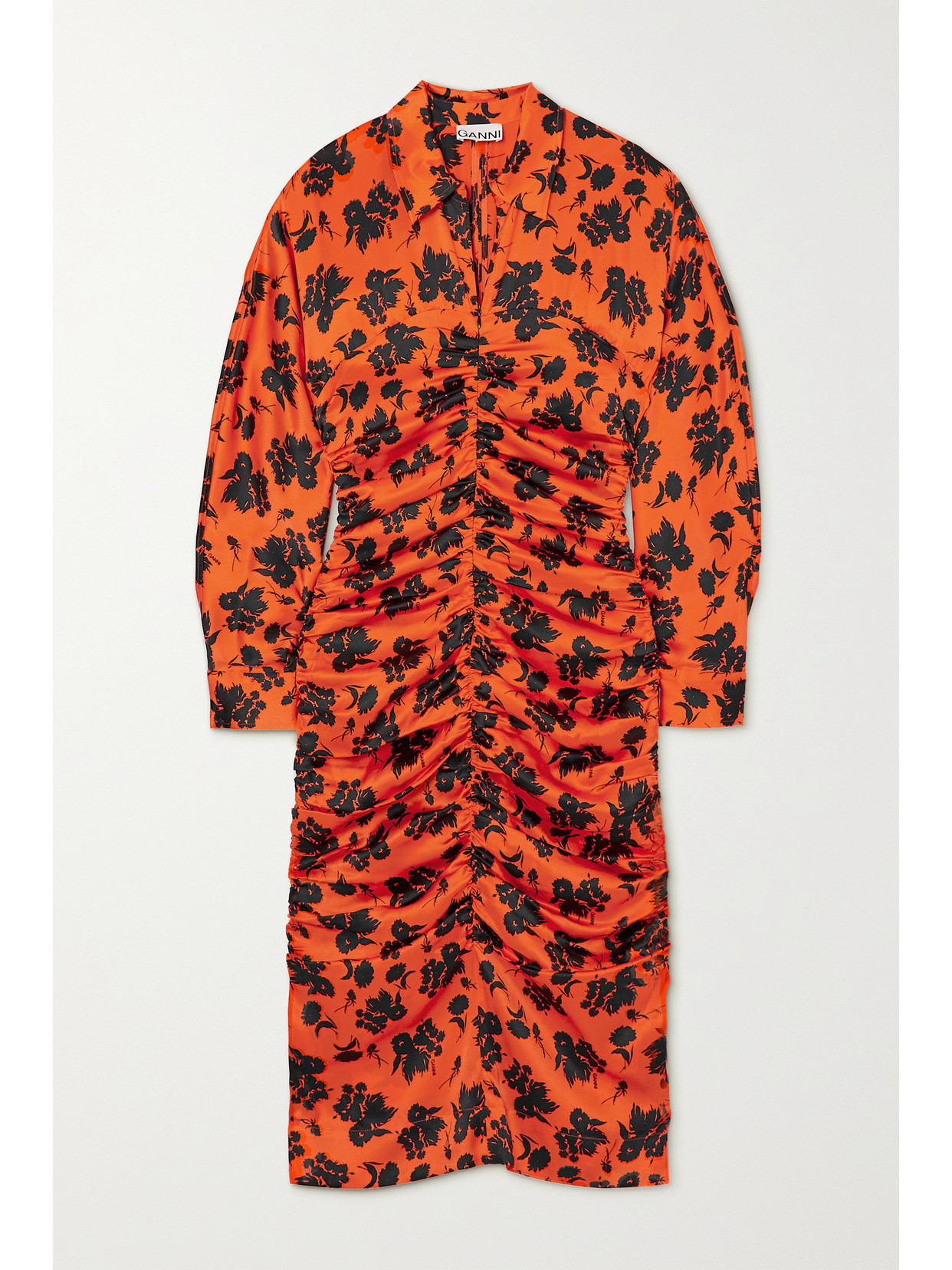 Ganni Ruched Floral-print Silk-blend Satin Midi Shirt Dress In Orange