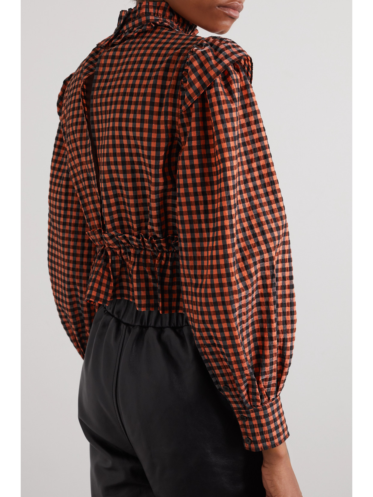Ganni Seersucker Check Blouse In Multicolor Polyester In Orange
