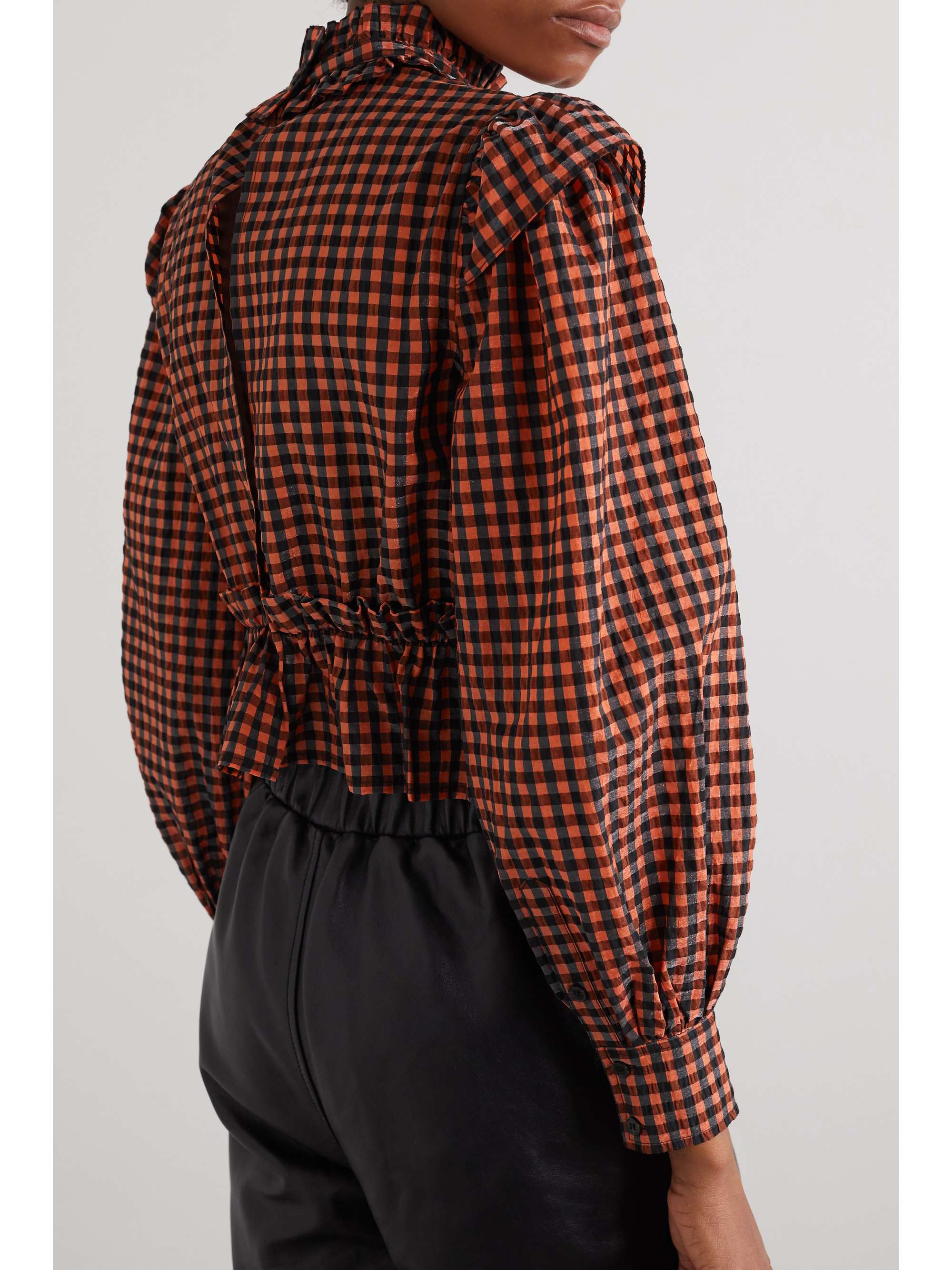 GANNI Ruffled gingham seersucker blouse