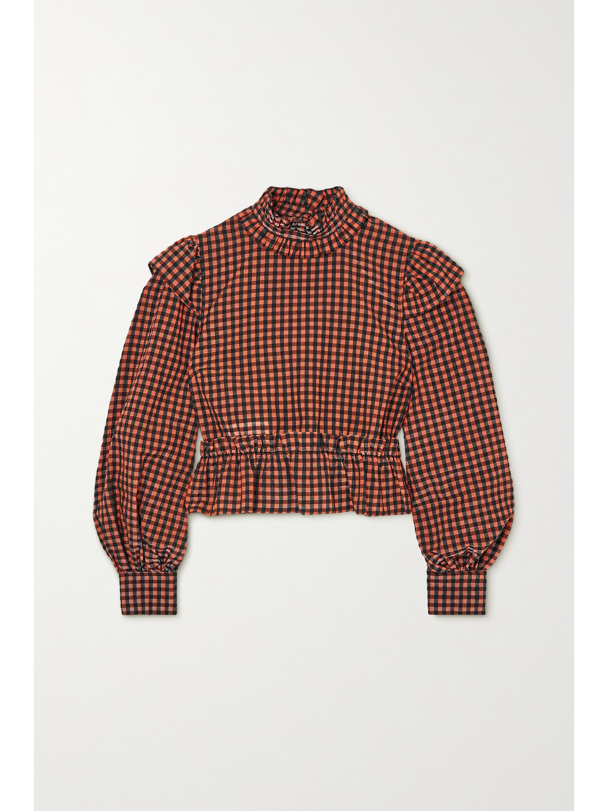 Ganni Seersucker Check Blouse In Multicolor Polyester In Orange