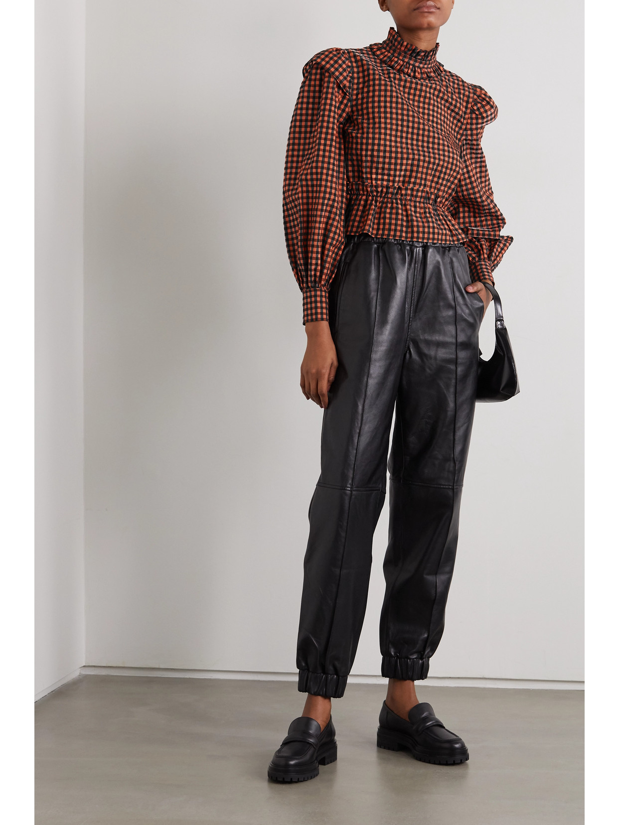 Ganni Seersucker Check Blouse In Multicolor Polyester In Orange