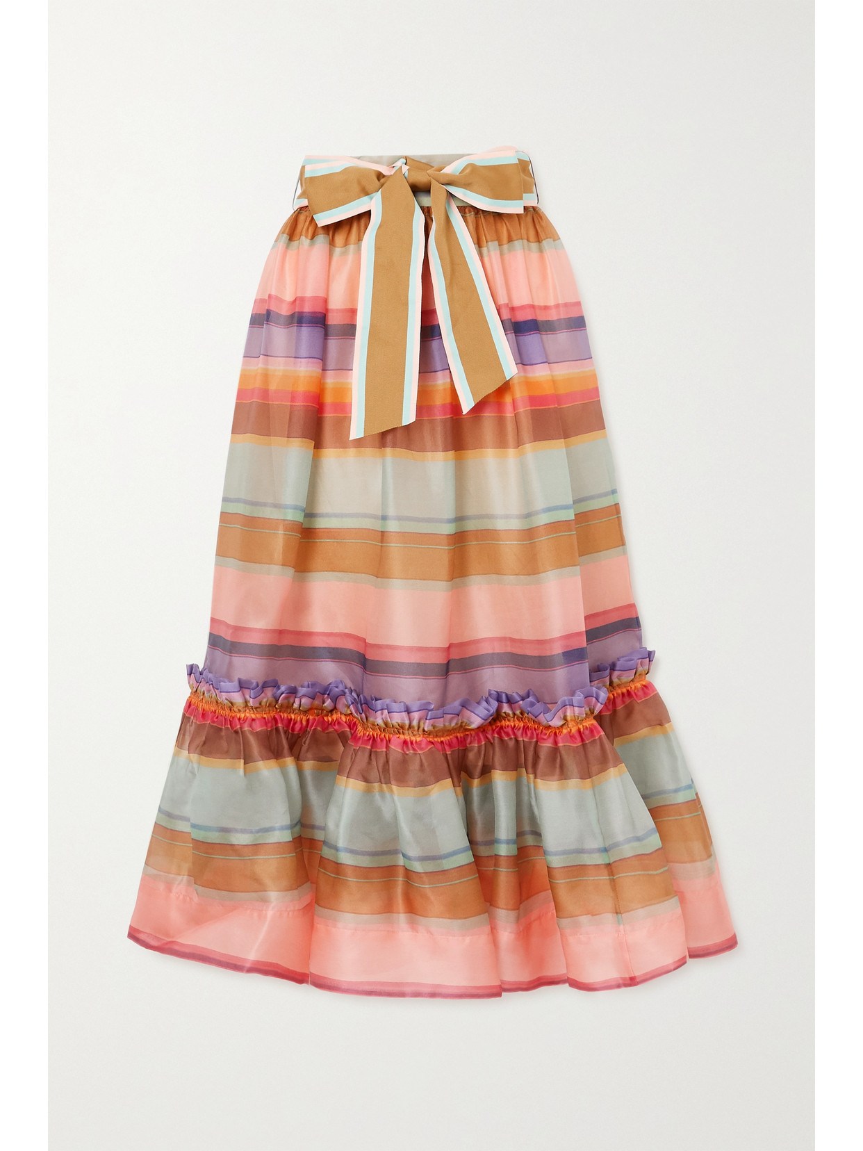 ZIMMERMANN THE LOVESTRUCK RUFFLED STRIPED SILK-ORGANZA MIDI SKIRT