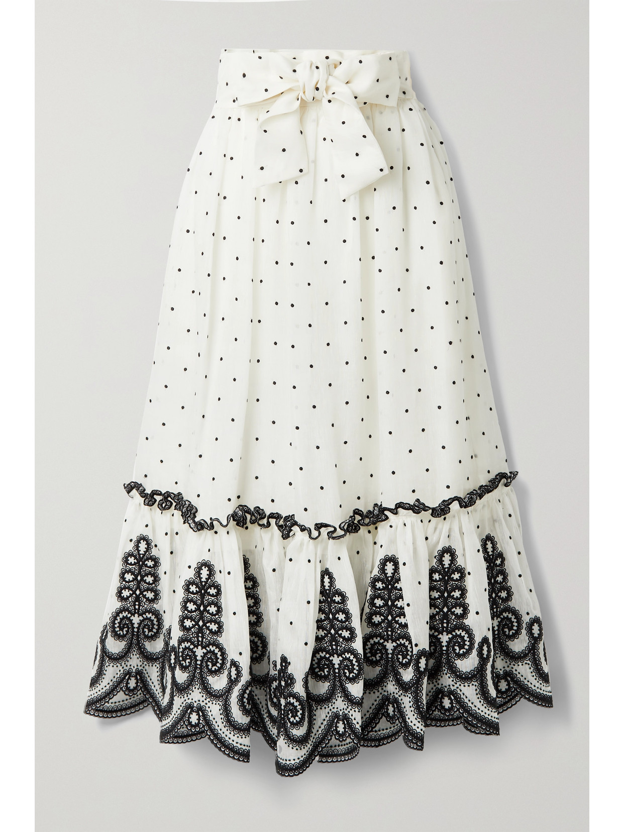 ZIMMERMANN THE LOVESTRUCK ROPE EMBROIDERED LINEN AND SILK-BLEND MIDI SKIRT