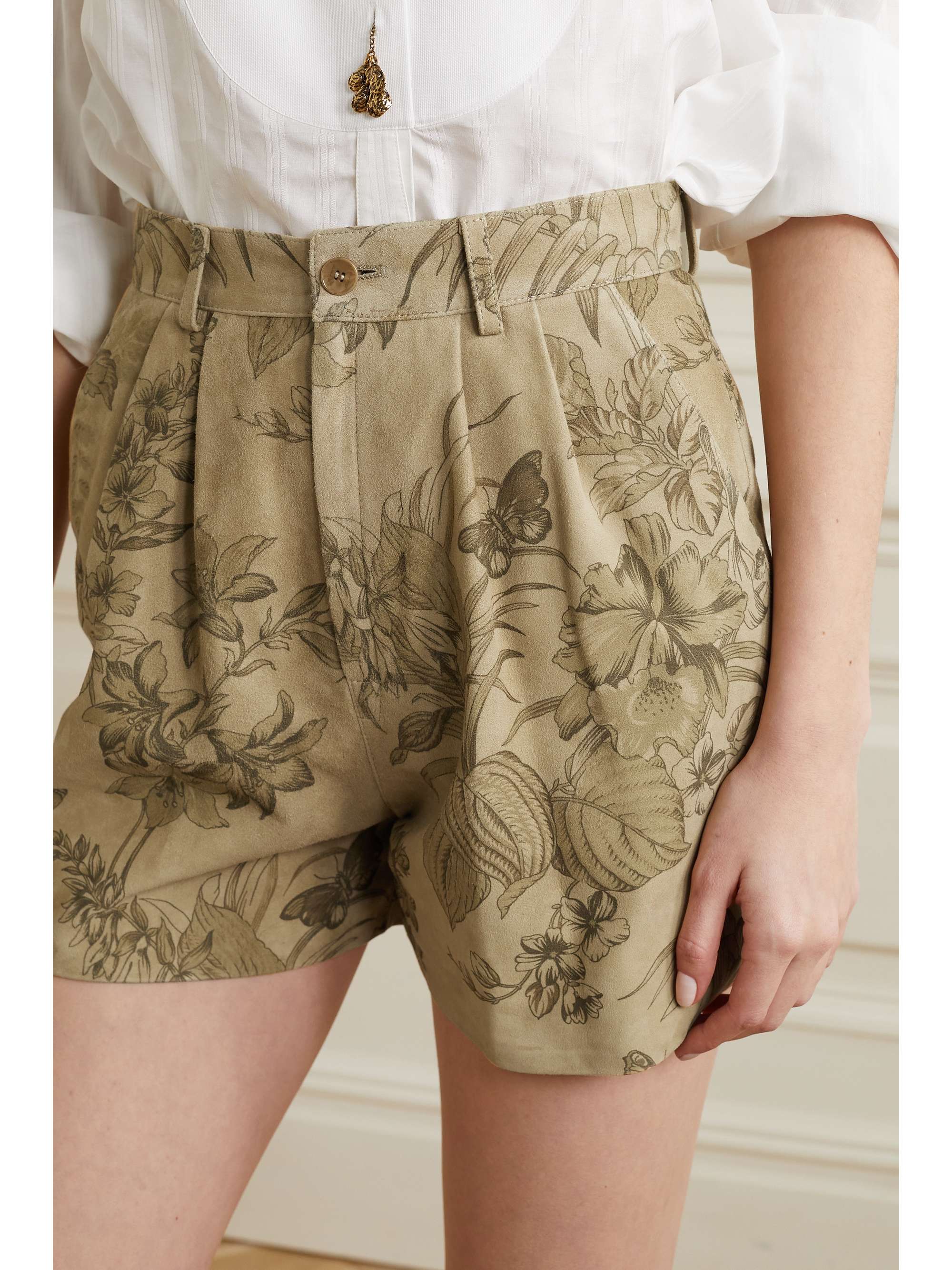 ETRO Pleated floral-print suede shorts